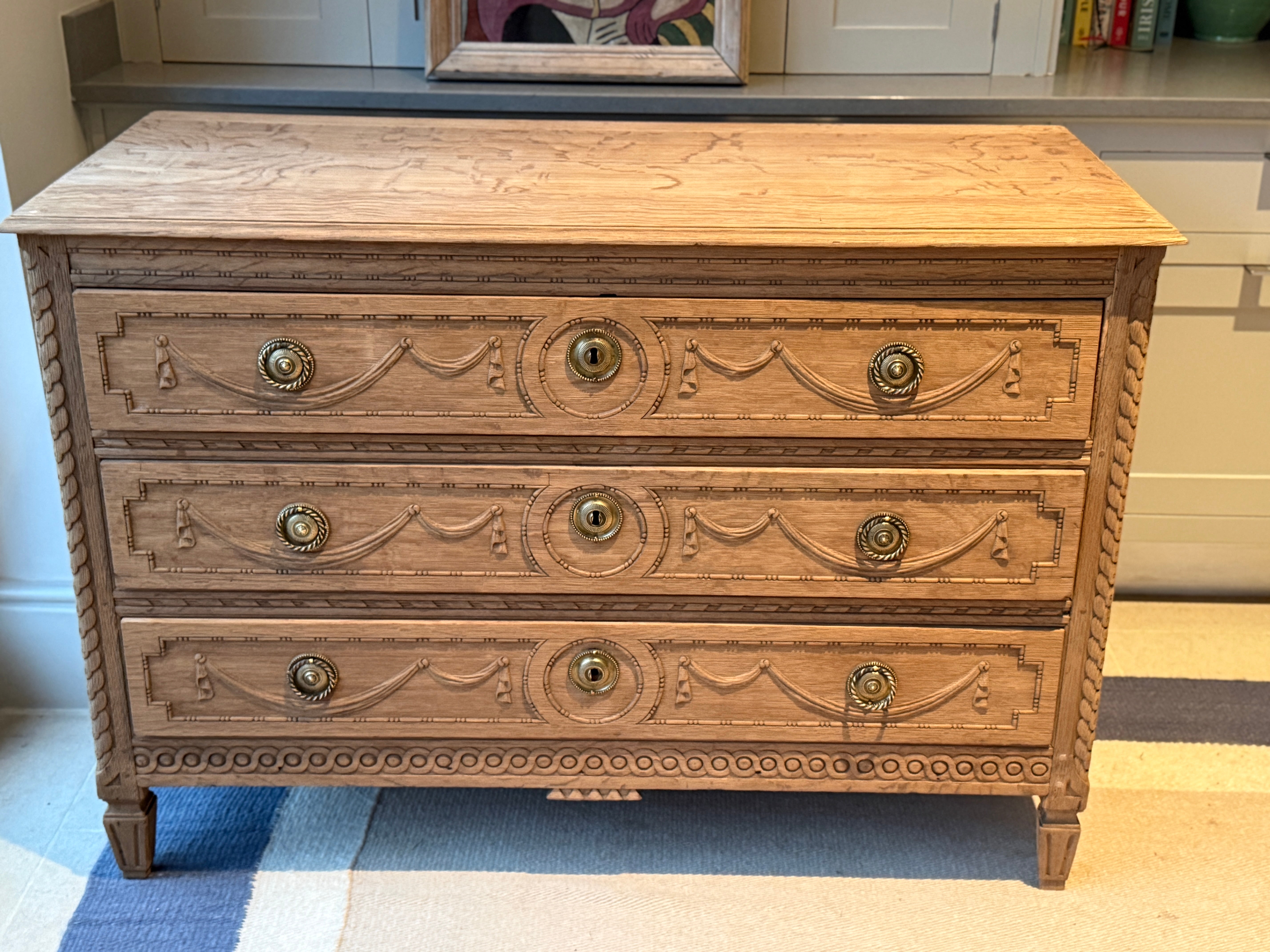 Bleached Oak Commode with Carved wood detail throughout
