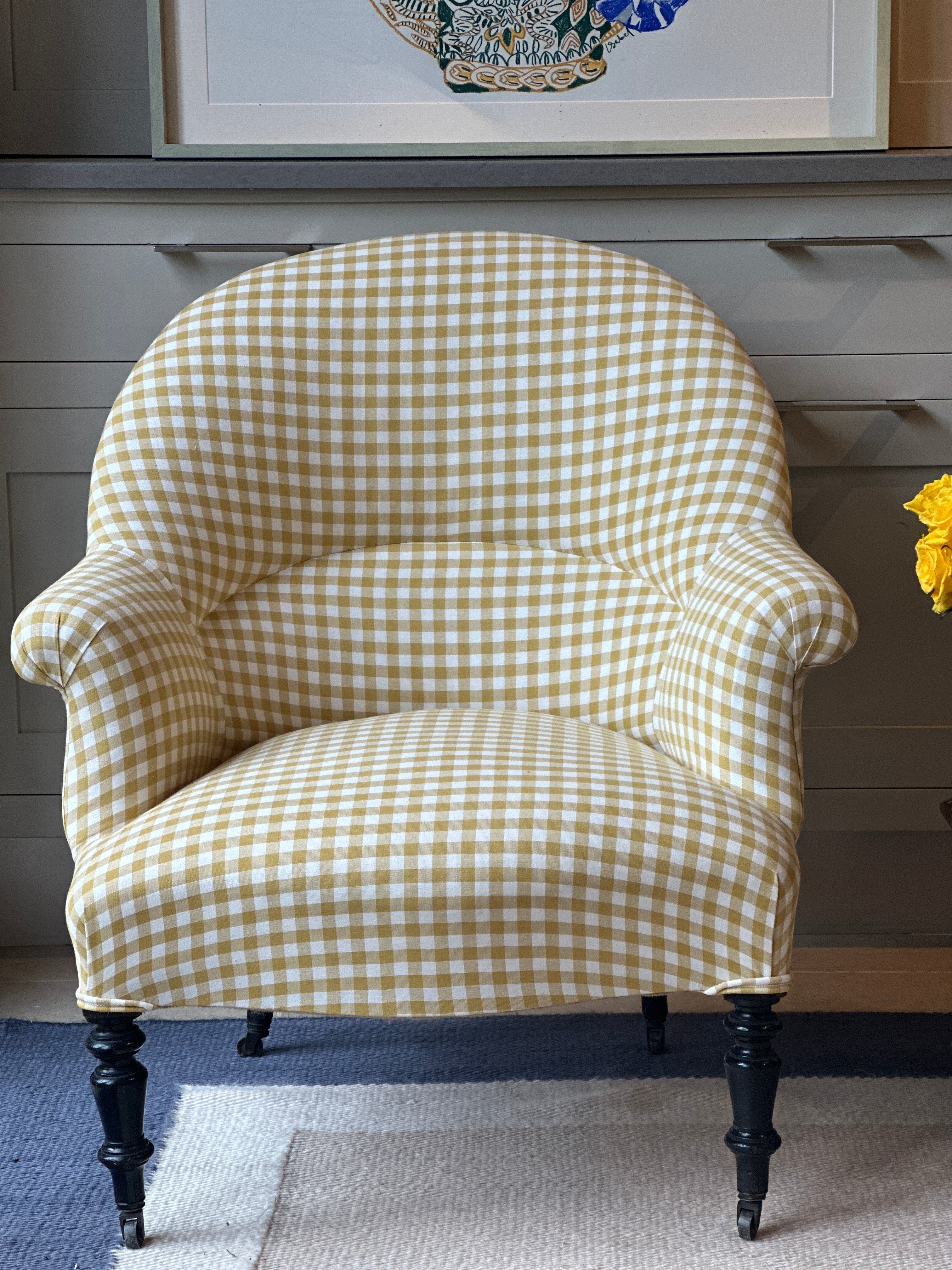 Single French Crapaud Tub Chair in Yellow Gingham