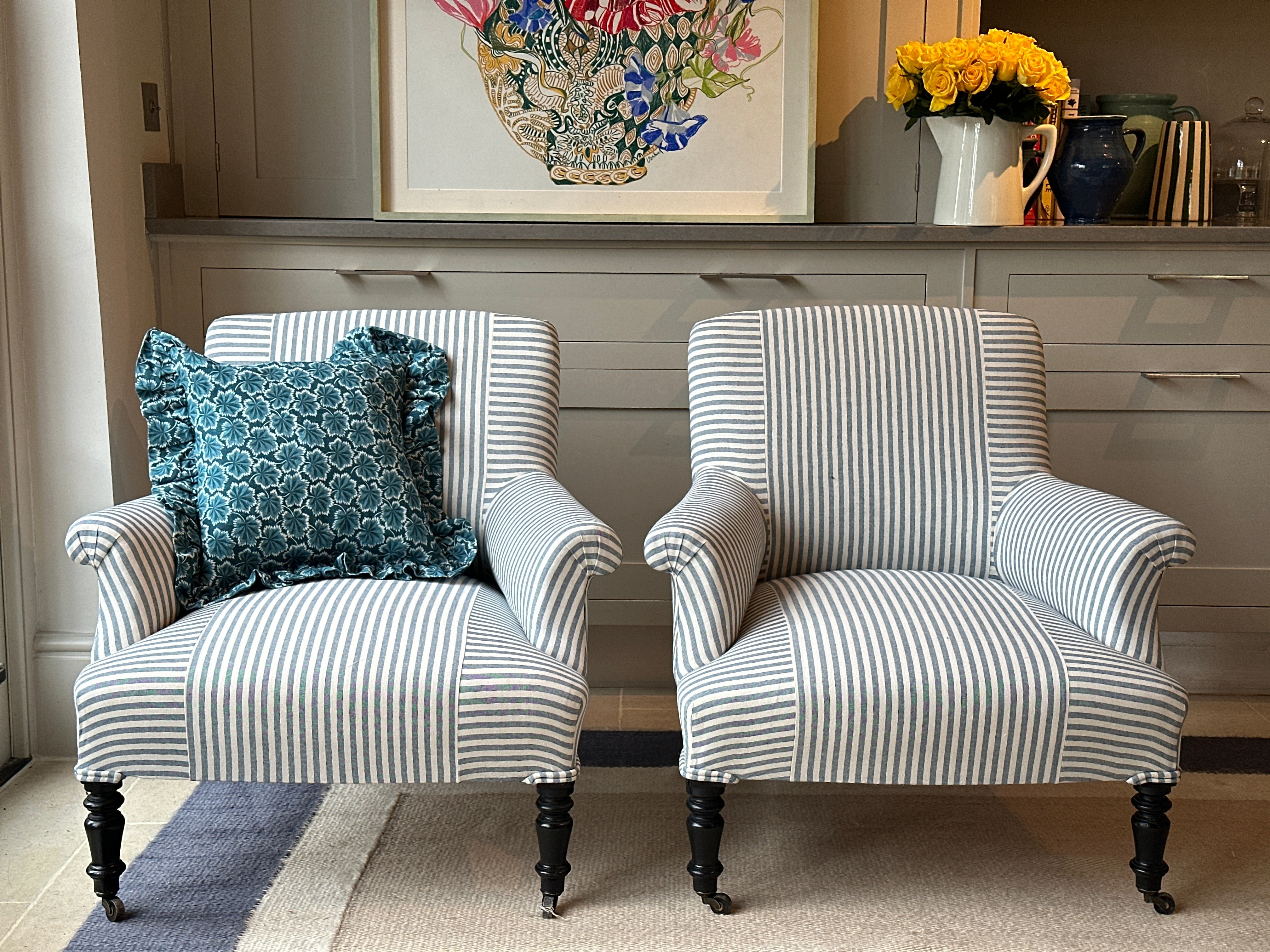 Reserved Small Napoleon III Squareback Armchairs in blue ticking