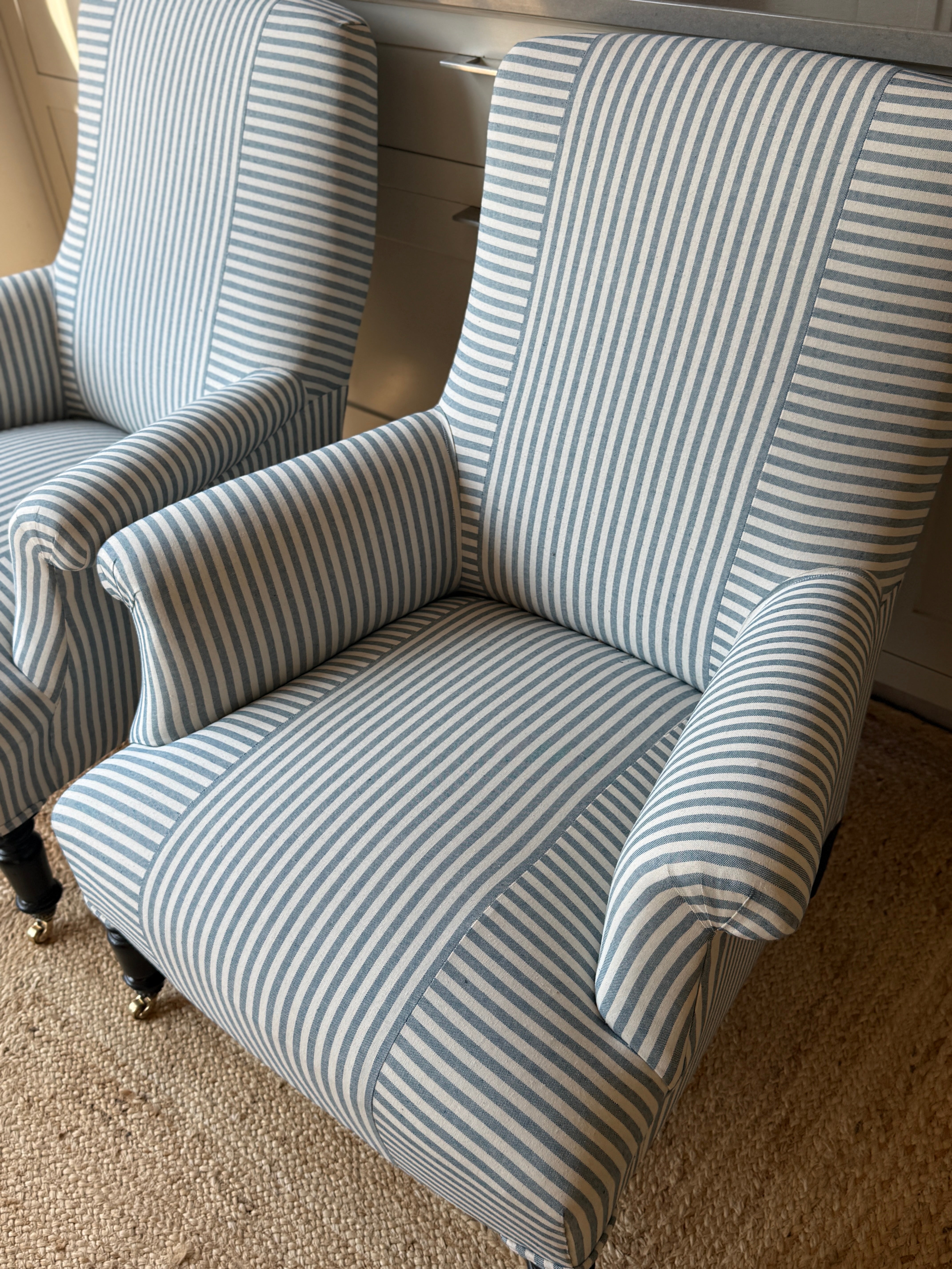 Pair of French Armchairs in Blue & White Ticking with Criss Cross Design