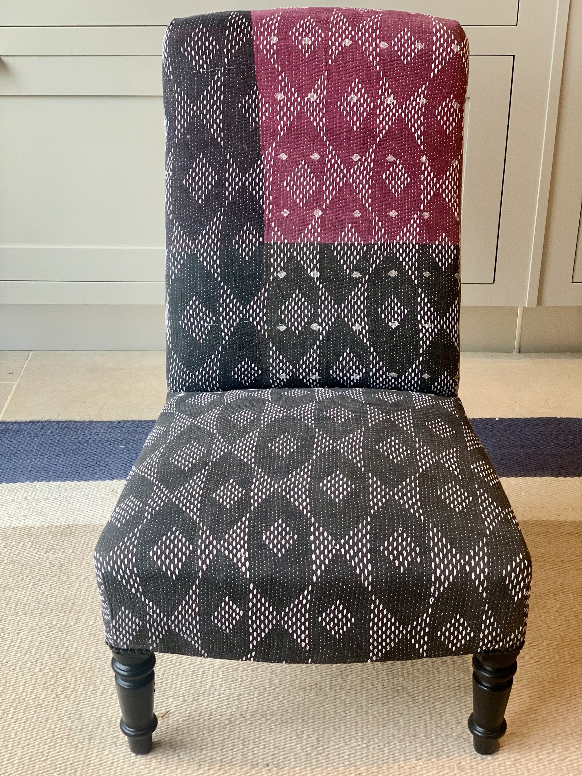 Single French Slipper Chair Reupholstered in a Vintage Purple  and Black Kantha