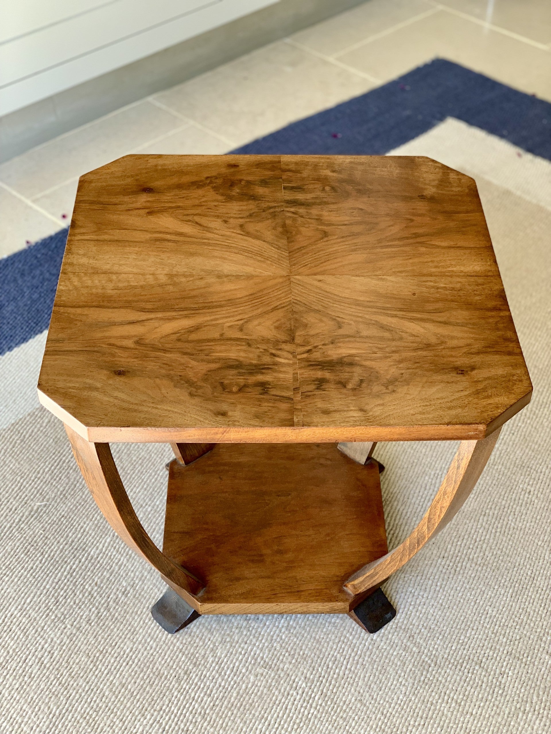 Walnut 2 Tier Table with Bow Stretcher Legs - British 1930s