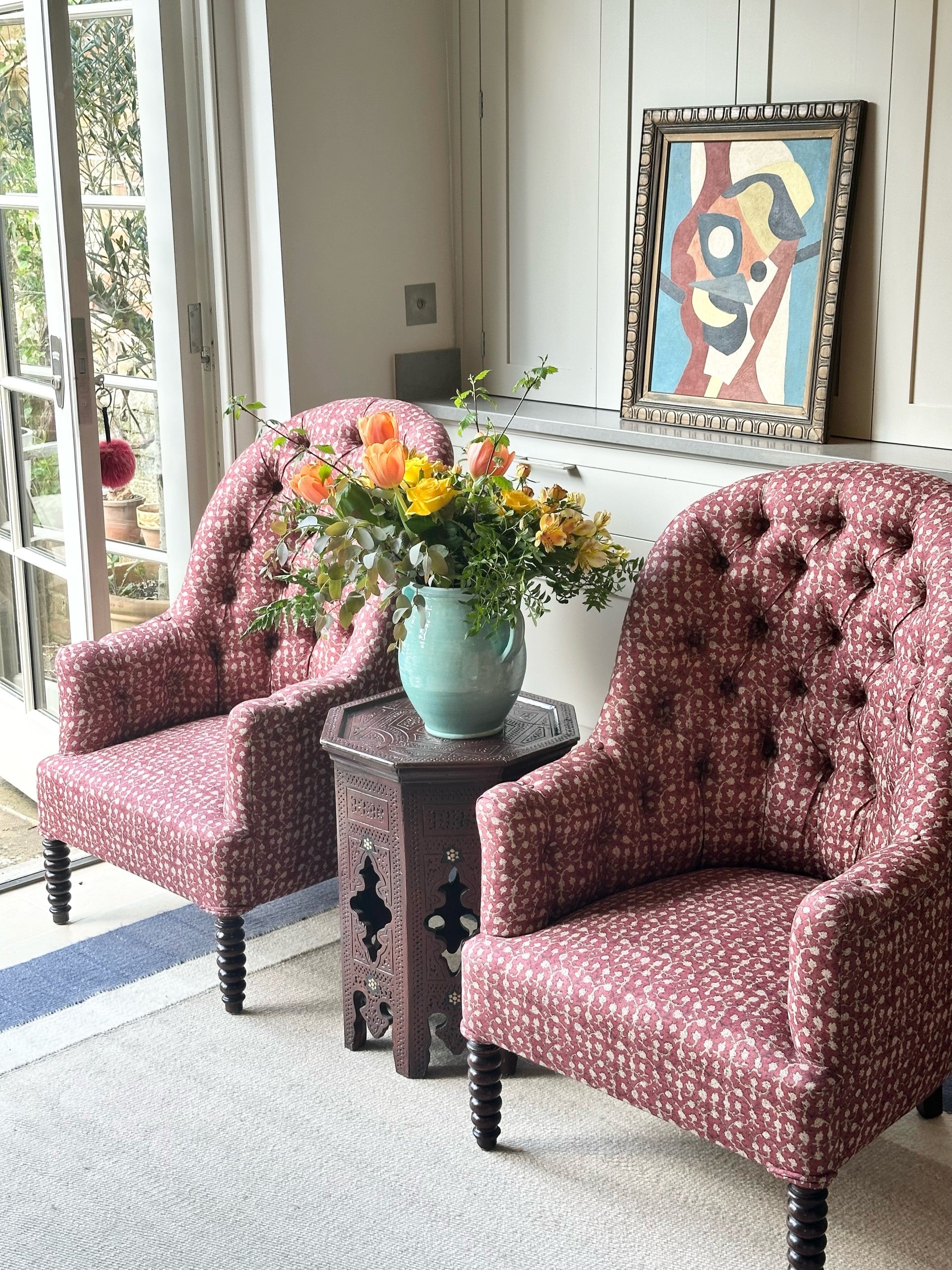 Amazing French Button Back Armchairs with Bobbin Turned Mahogany Feet and Upholstered in Robert Kime Ume Red