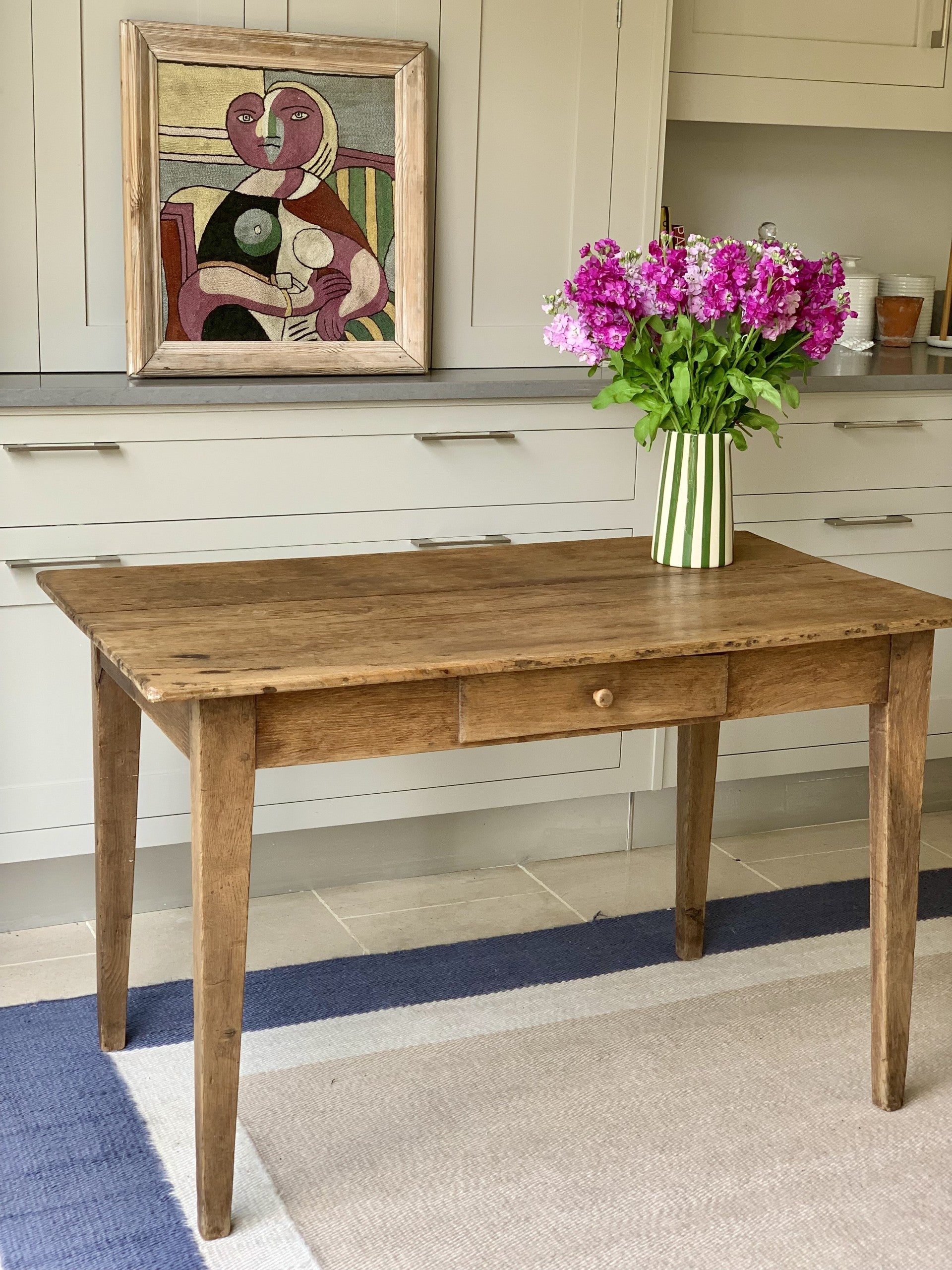 French Oak Table with Fluted Legs and Single Drawer