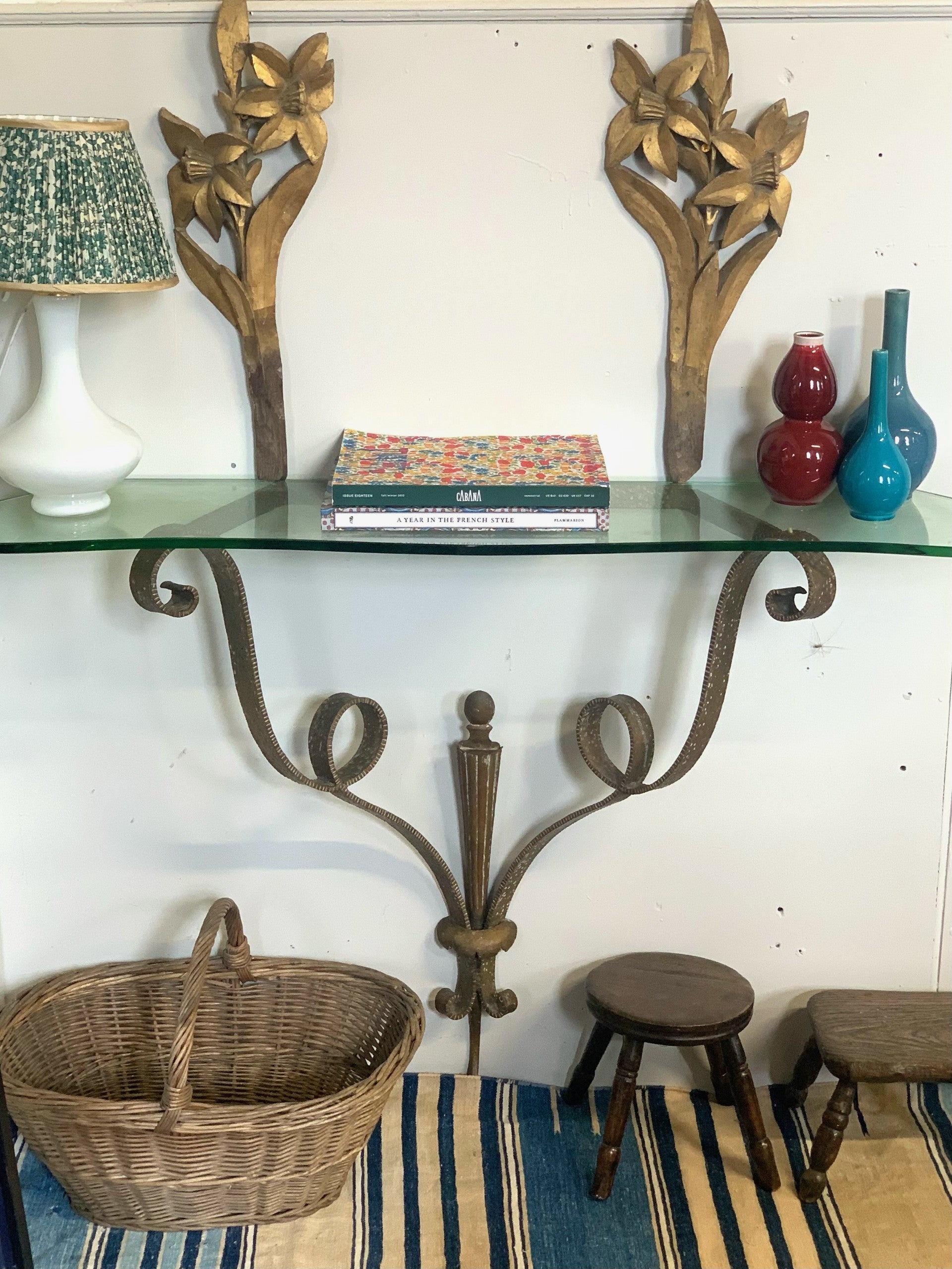 Italian Hammered Gilt Metal Console Table with Glass Top