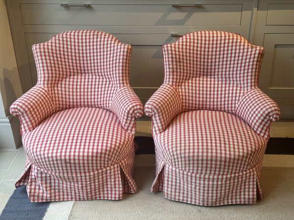 Pair of Small Crapaud Tub Chairs in Red Gingham