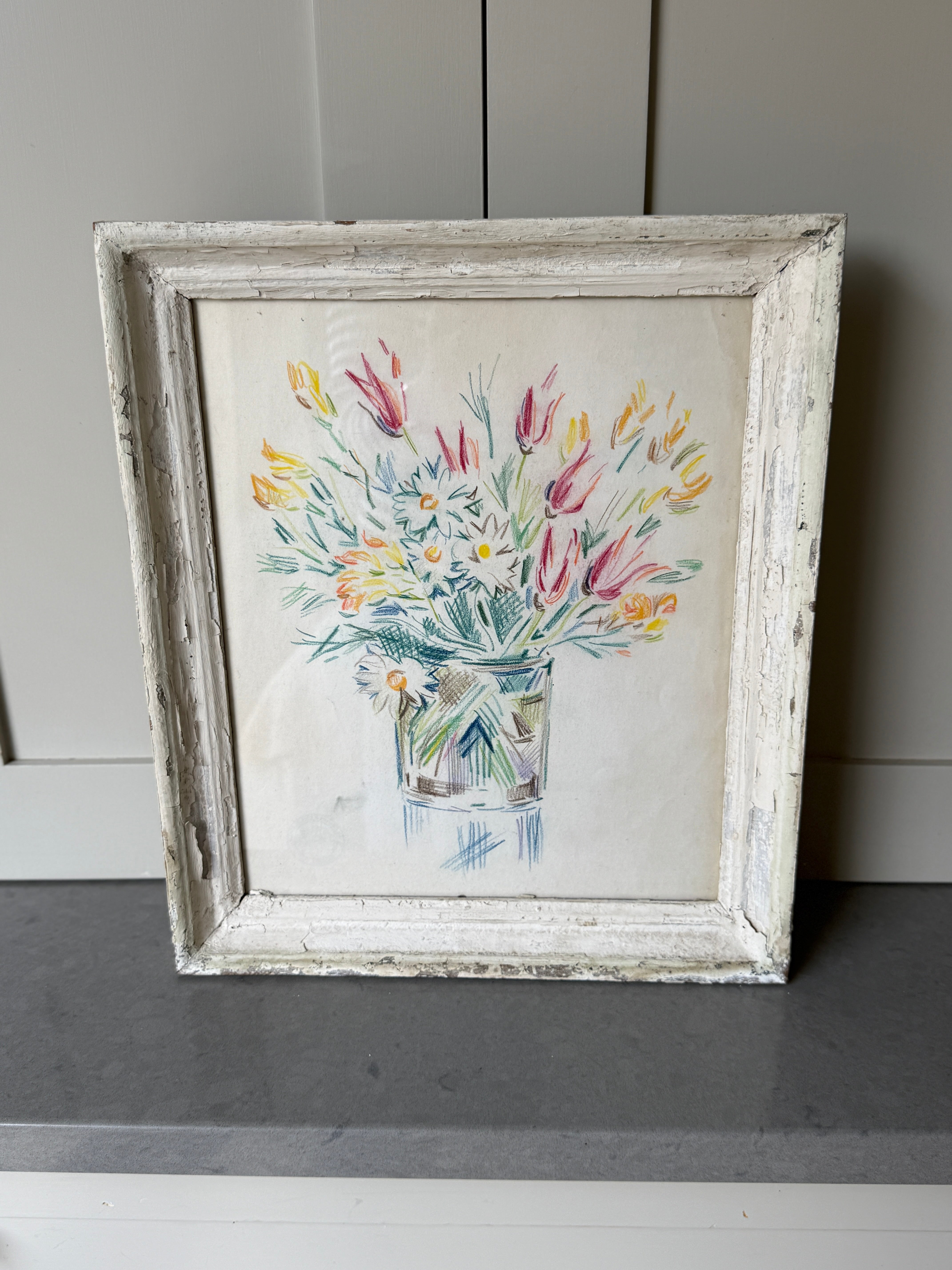 French Mid Century Frame Pencil Drawing