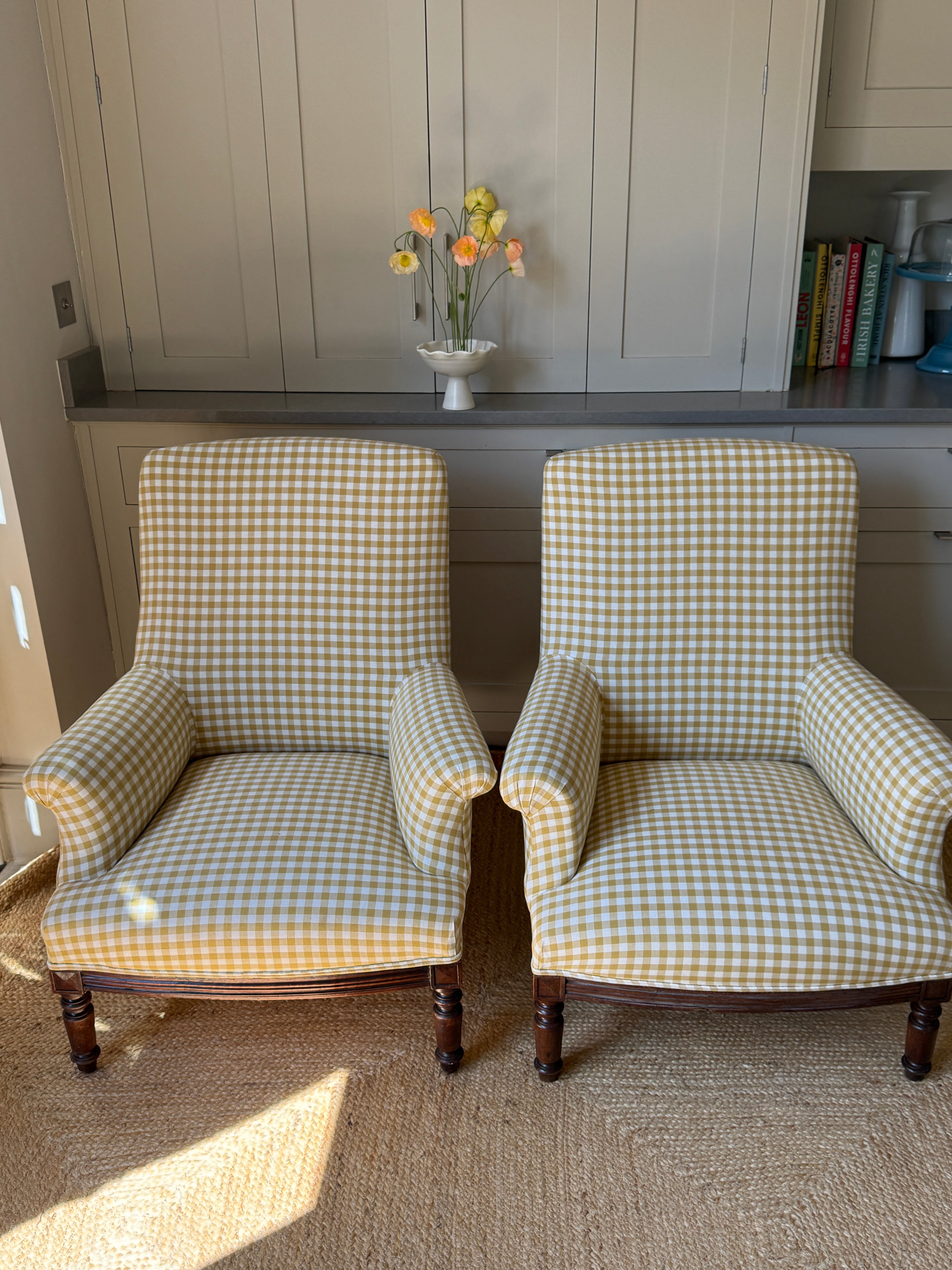 A Pair of Napoleon III Armchairs, Reupholstered in Yellow Gingham