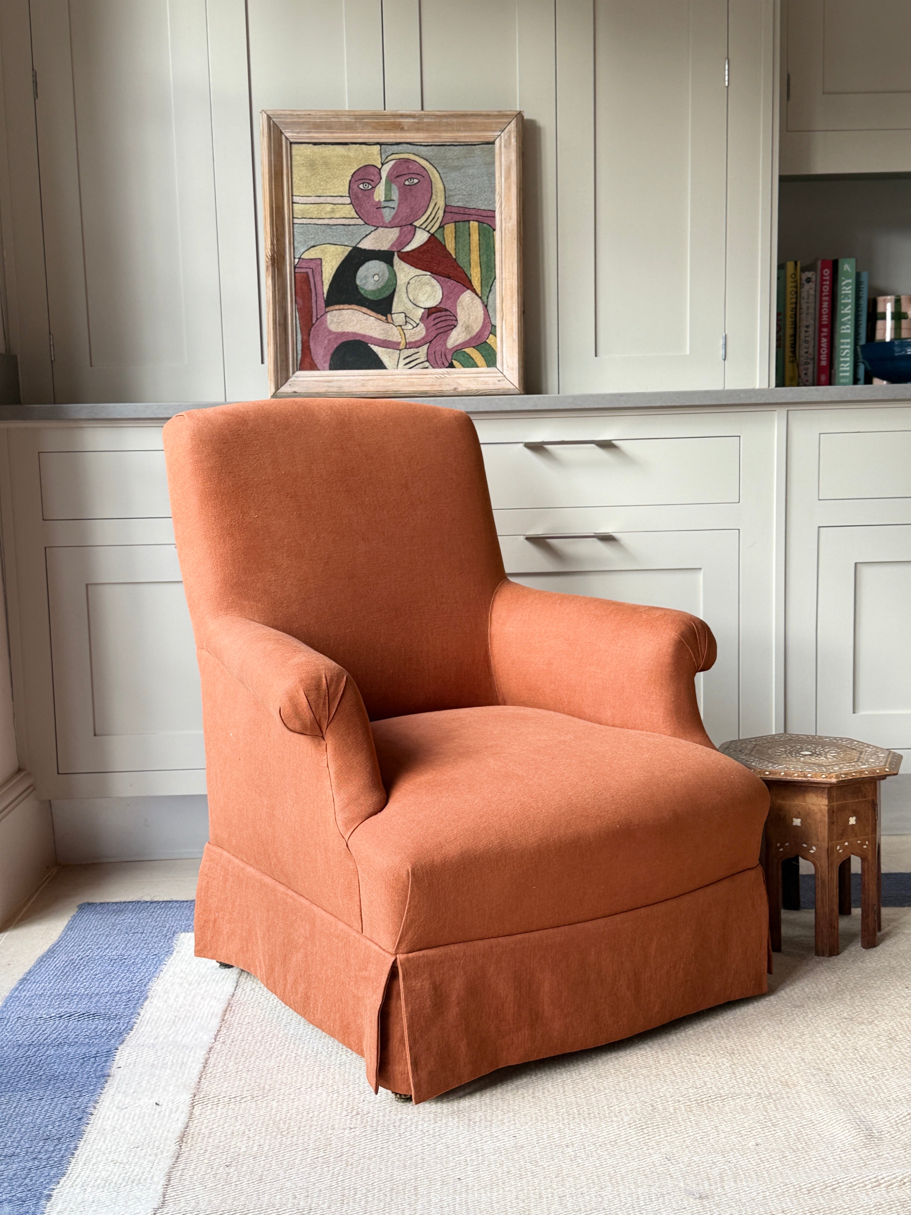 French Squareback Armchair in Rust Linen
