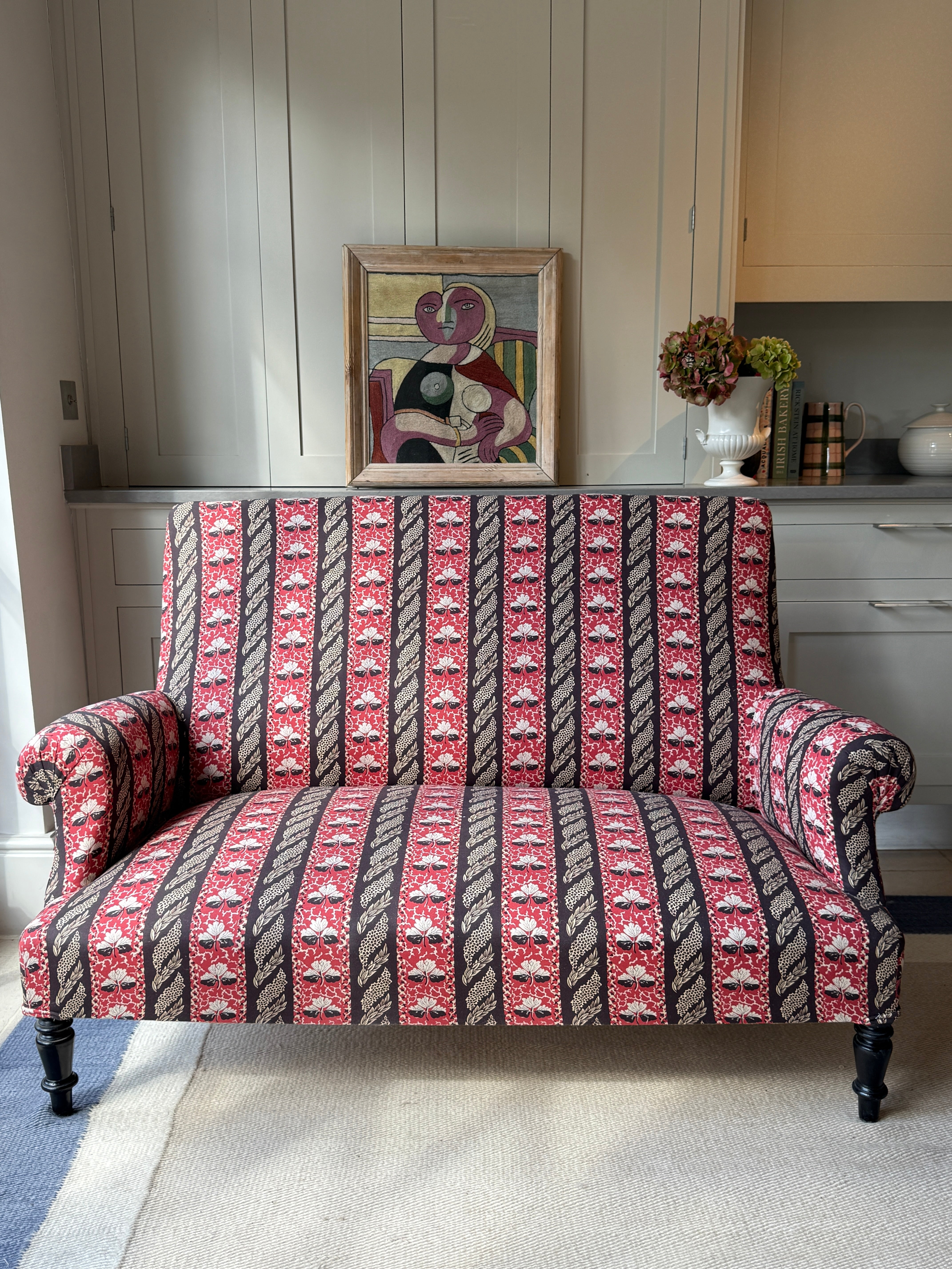Small Napoleon III Squareback Sofa in Strawberry Leaf by Sybil Colefax