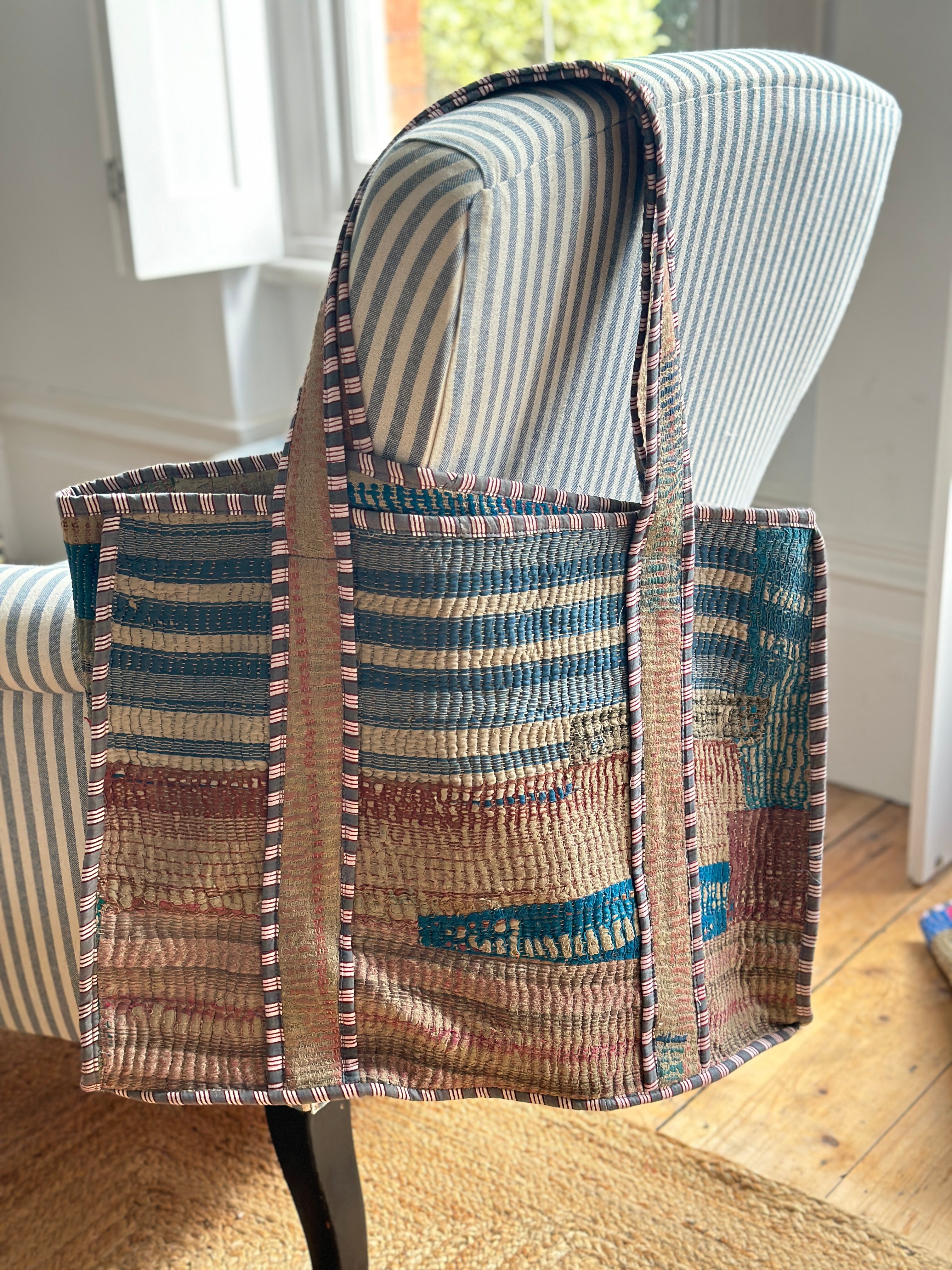 Vintage Indian Kantha Totes with Stripy Piping