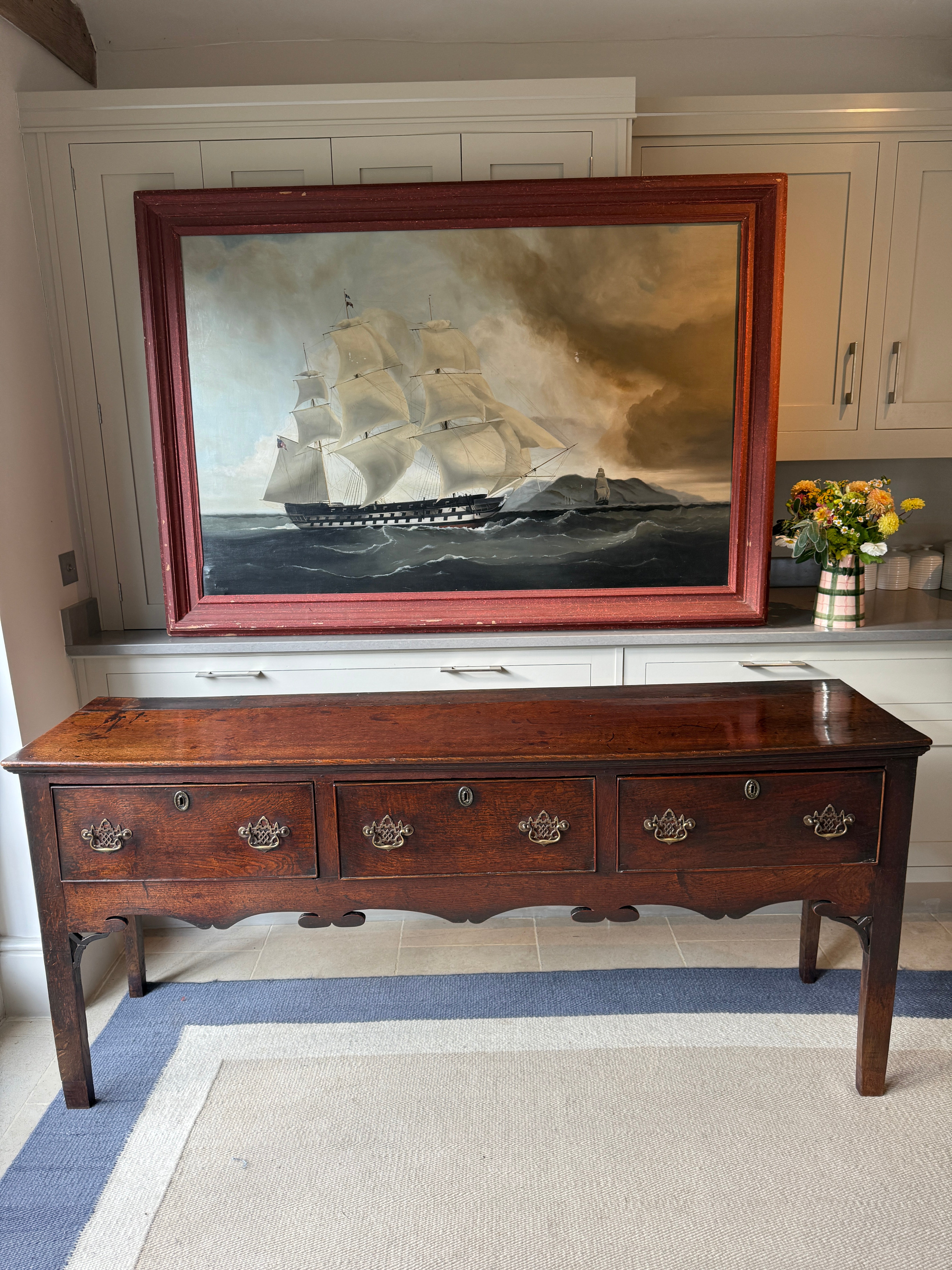 Large Naive Oil Painting of huge Sail boat in Harbour by A Findlay