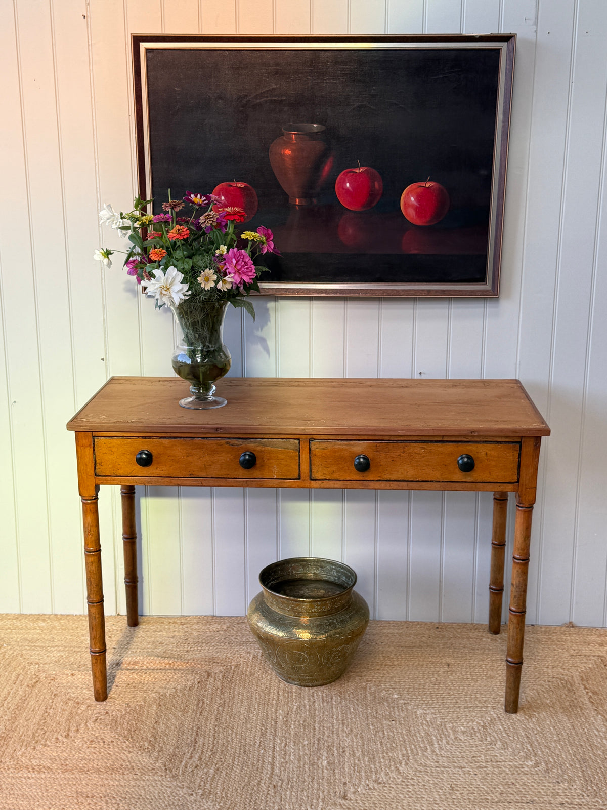 Regency Pine Side Table with Faux Bamboo Legs and Two Drawers