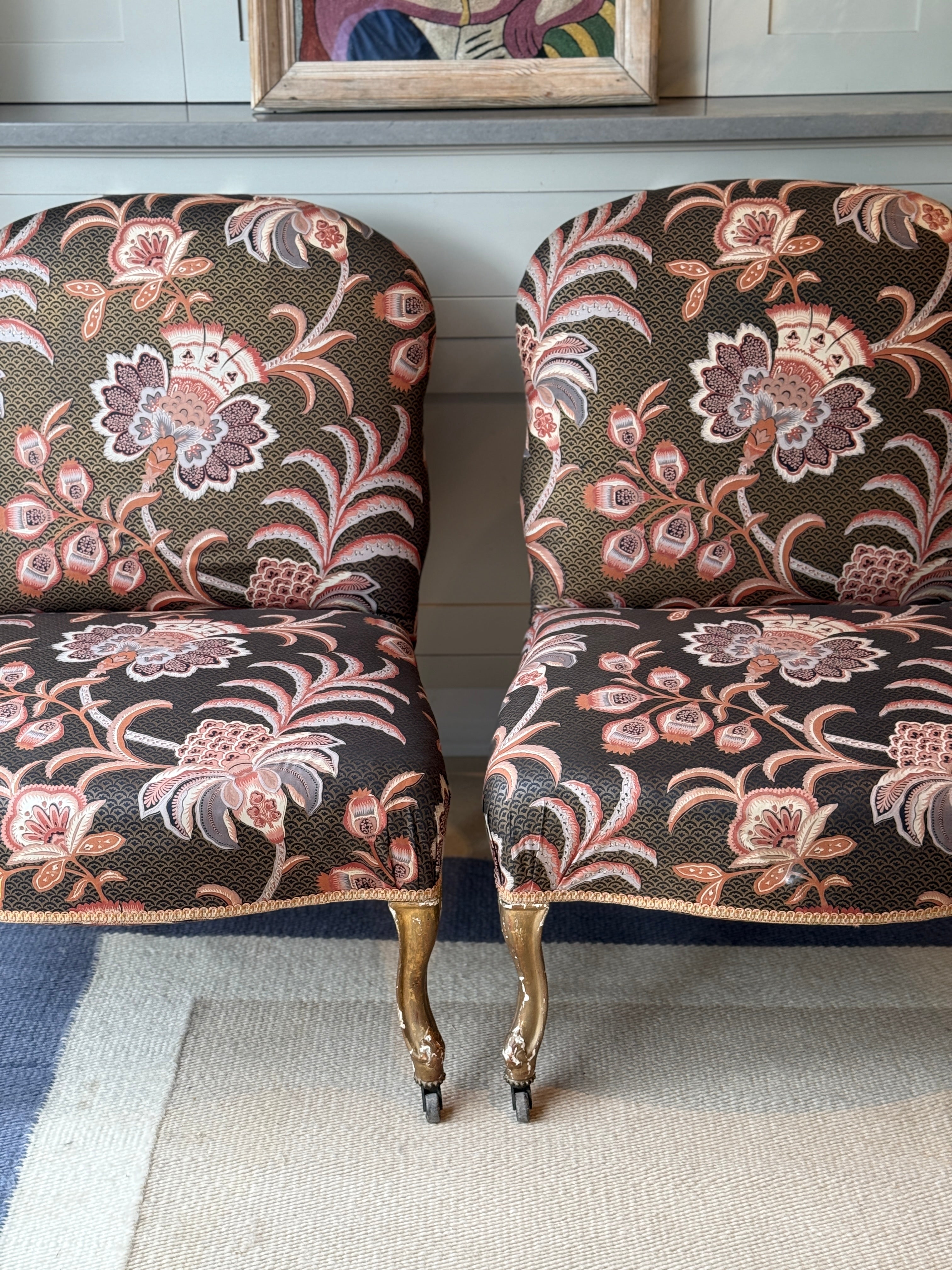 Large Pair of French Slipper Chairs in Floral Fabric