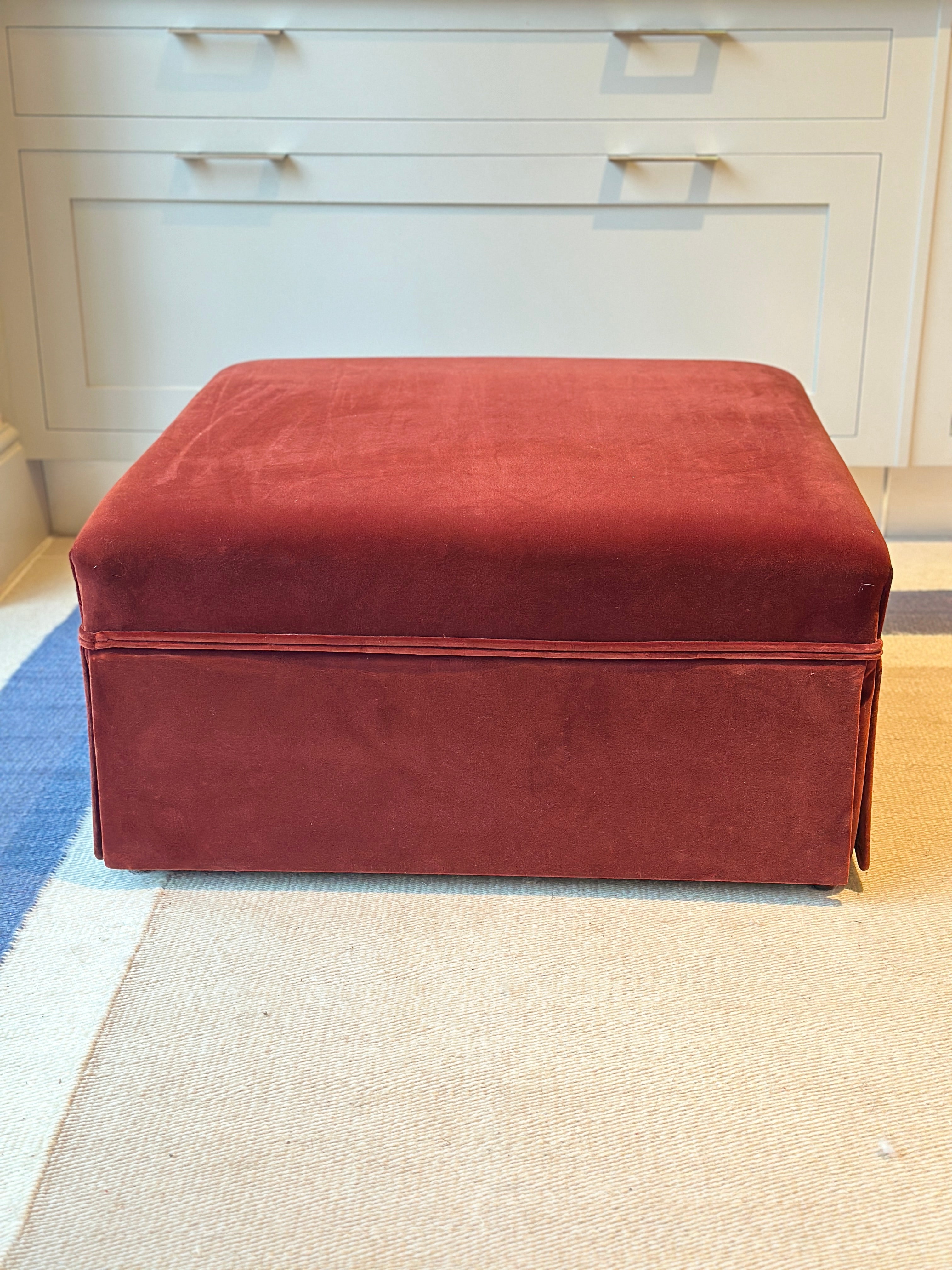 Antique French Ottoman Footstool in Rose Uniacke Cotton Velvet Burnt Siena