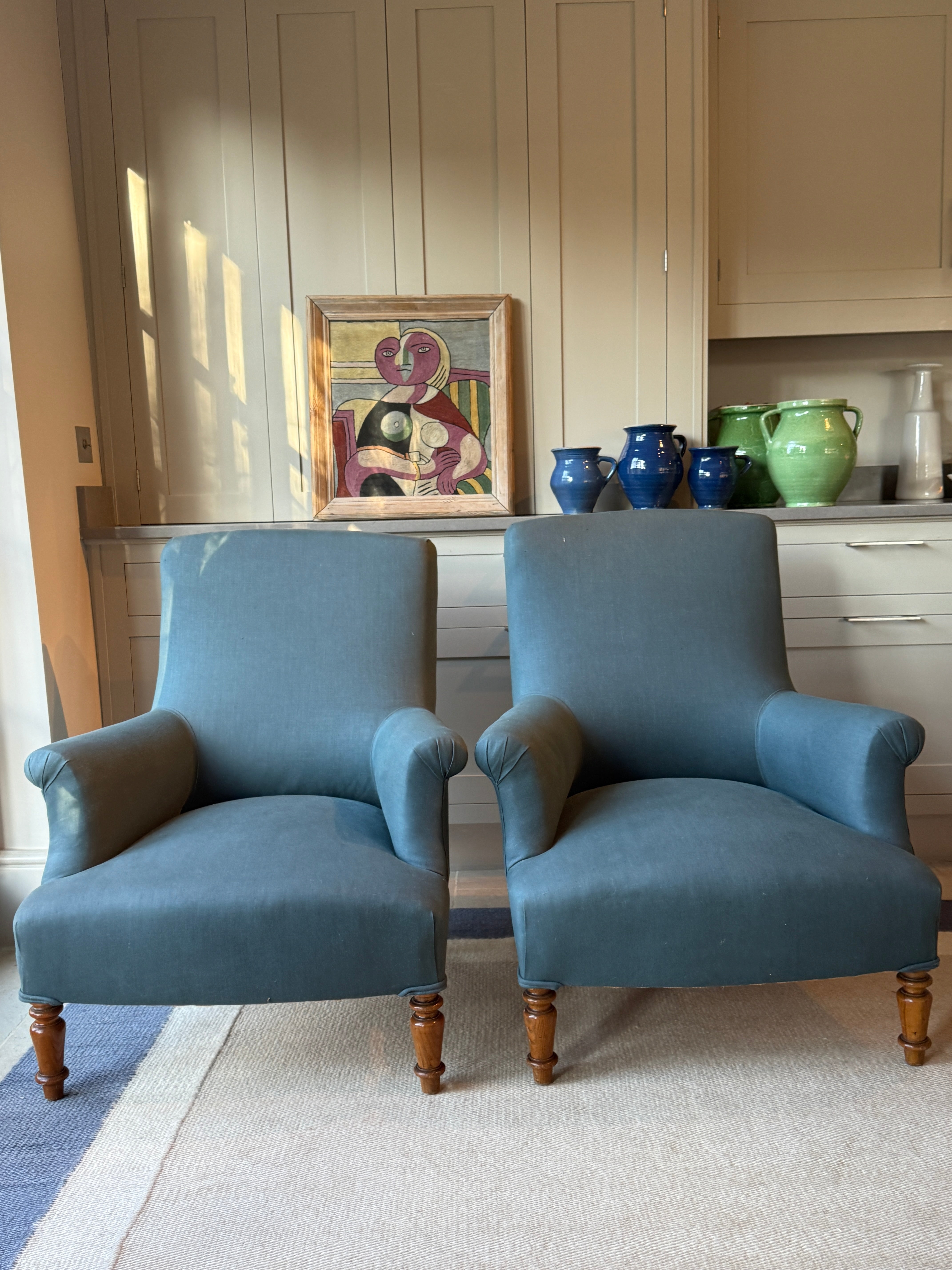 Pair of Armchairs in an RAF blue linen