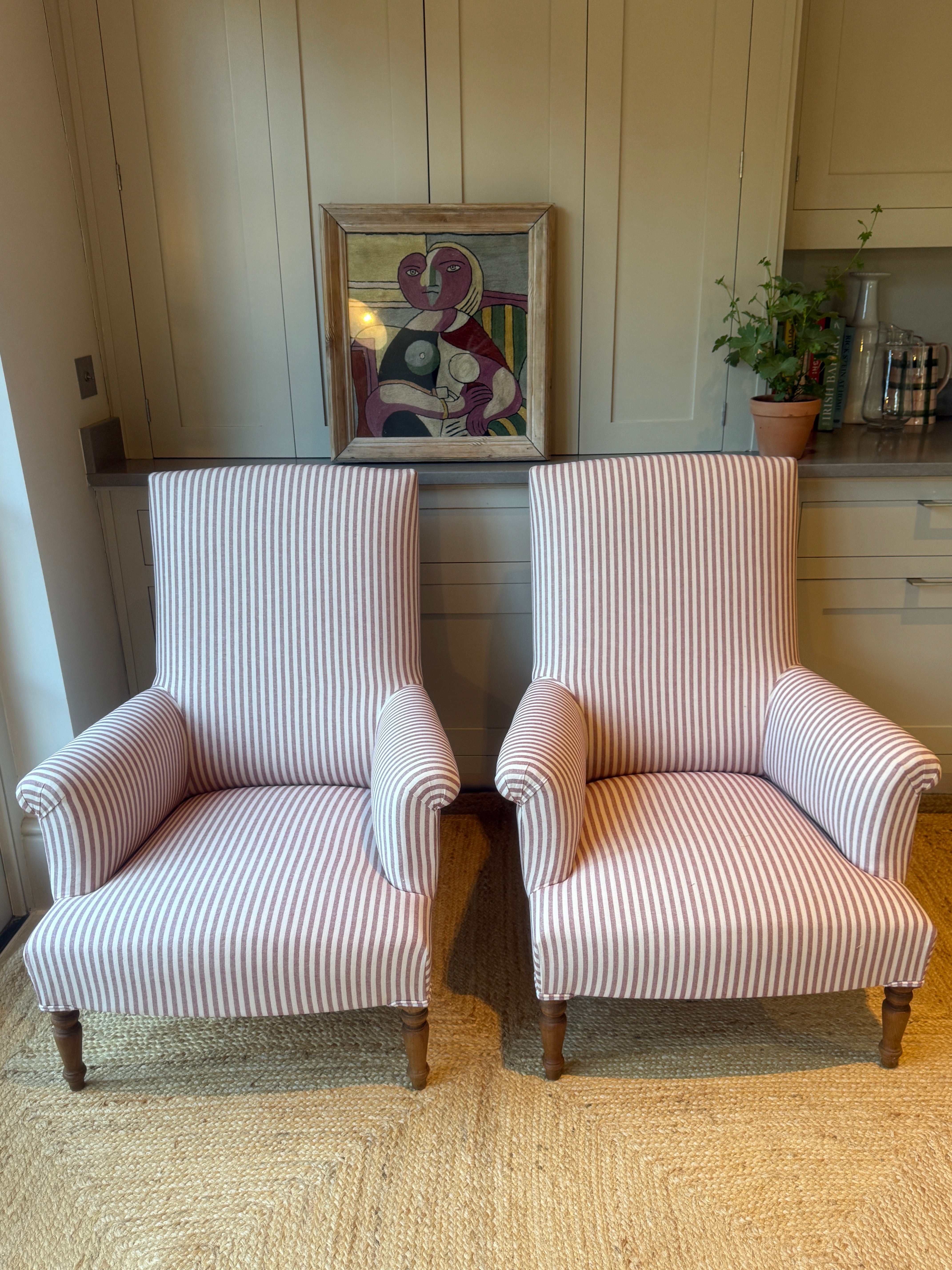 Large Pair of French Armchairs in red and white ticking