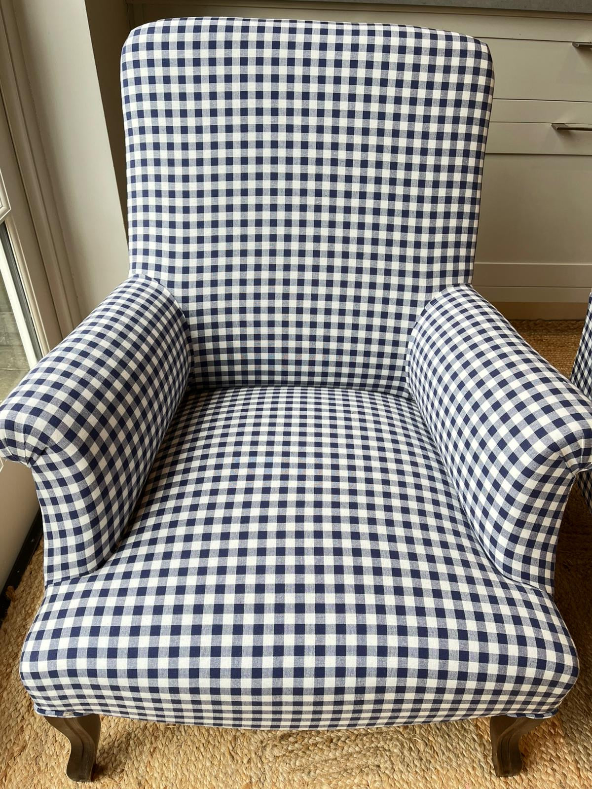 Pair of French Squareback Armchairs in Blue And White Gingham