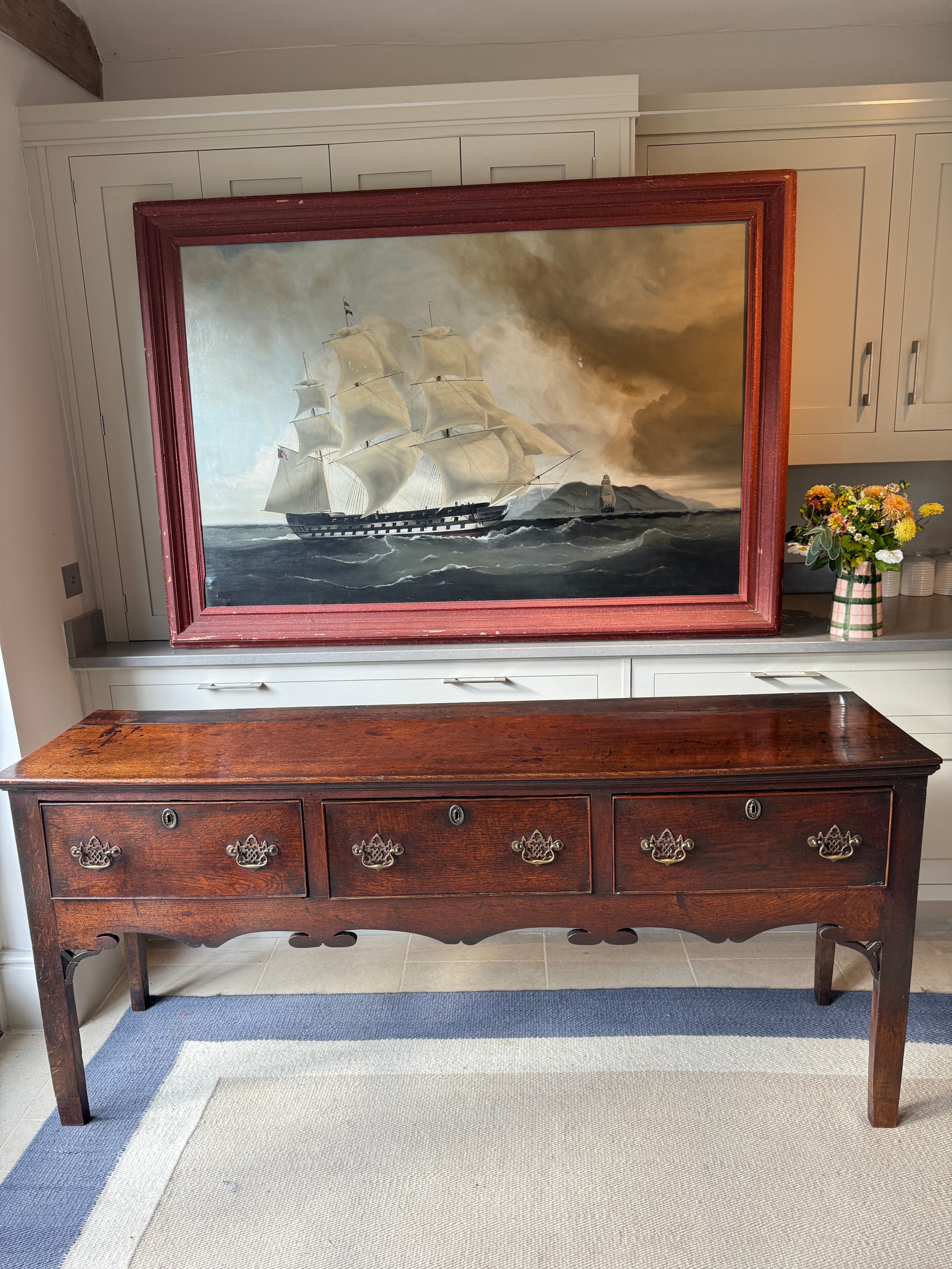 Large Naive Oil Painting of huge Sail boat in Harbour by A Findlay