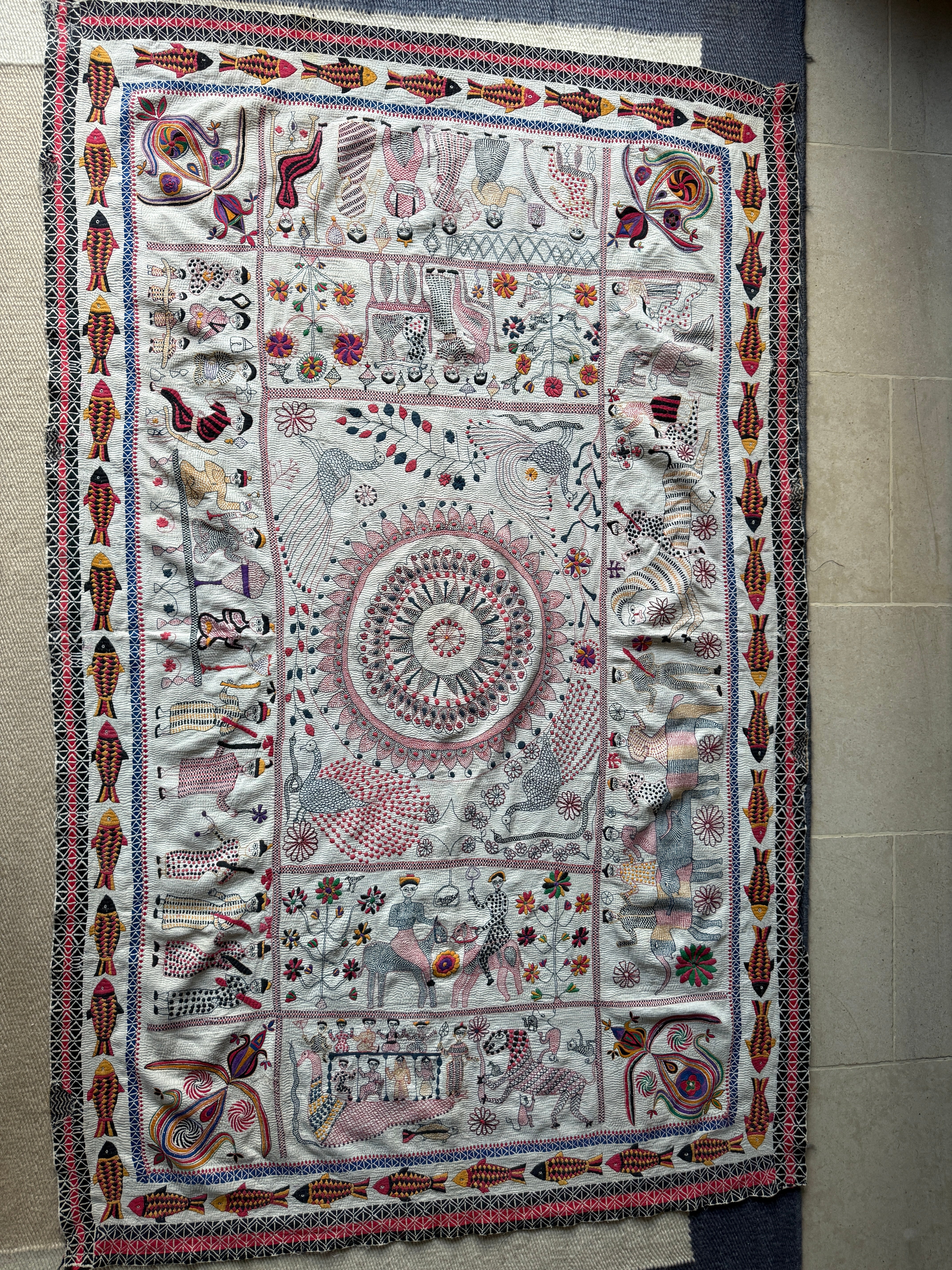 Rare Bengali Nakshi Kantha with Fish Border c late 19th Century