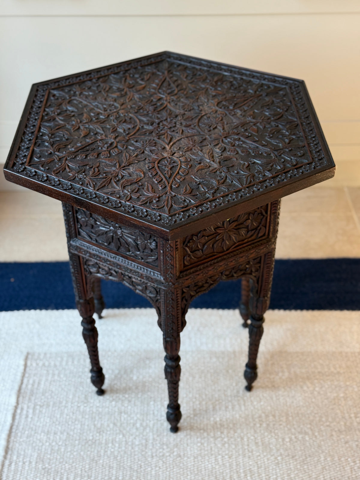 Antique Anglo-Indian Carved Hexagonal Occasional Table