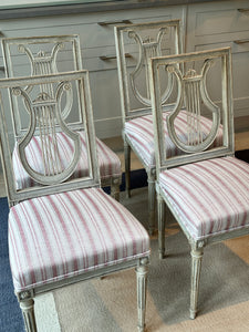 Early 19th Century. Set of 4 French Lire Back Painted Wooden Chairs