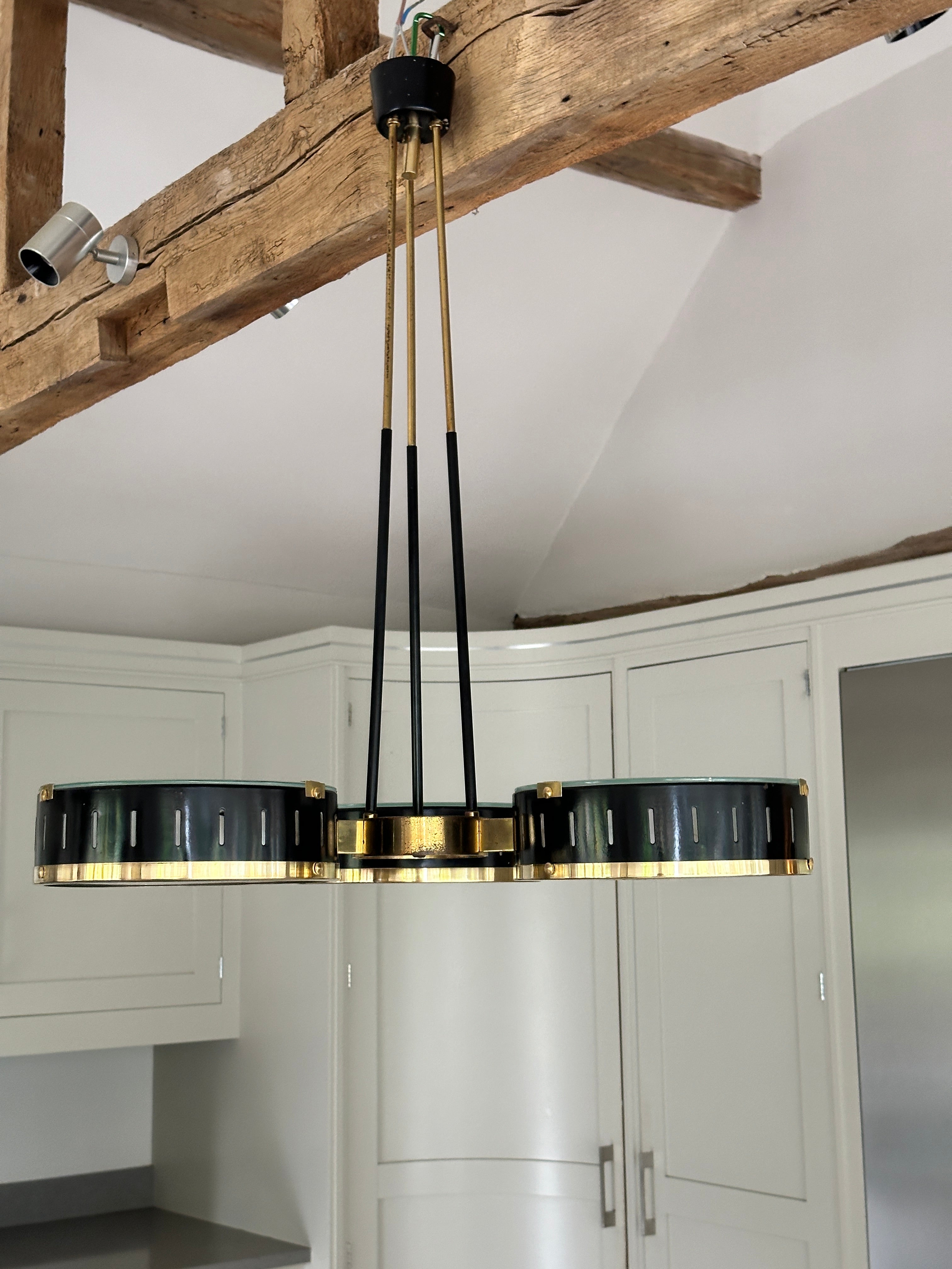 Large Italian 🇮🇹 1950s Suspension light in black metal  and brass by Stilux Milan.