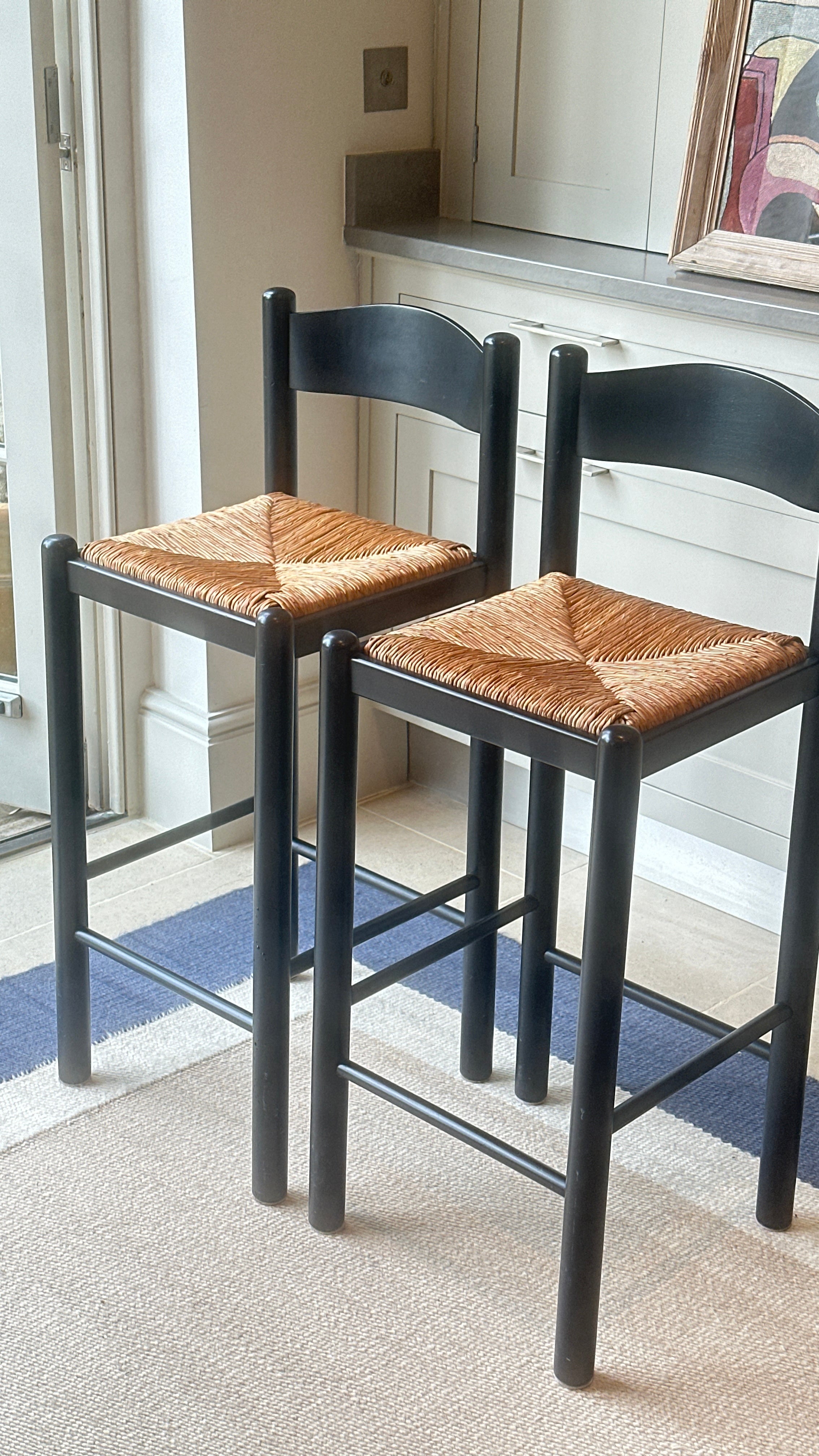 Pair of Vintage Rush Seat Bar Stools in Black