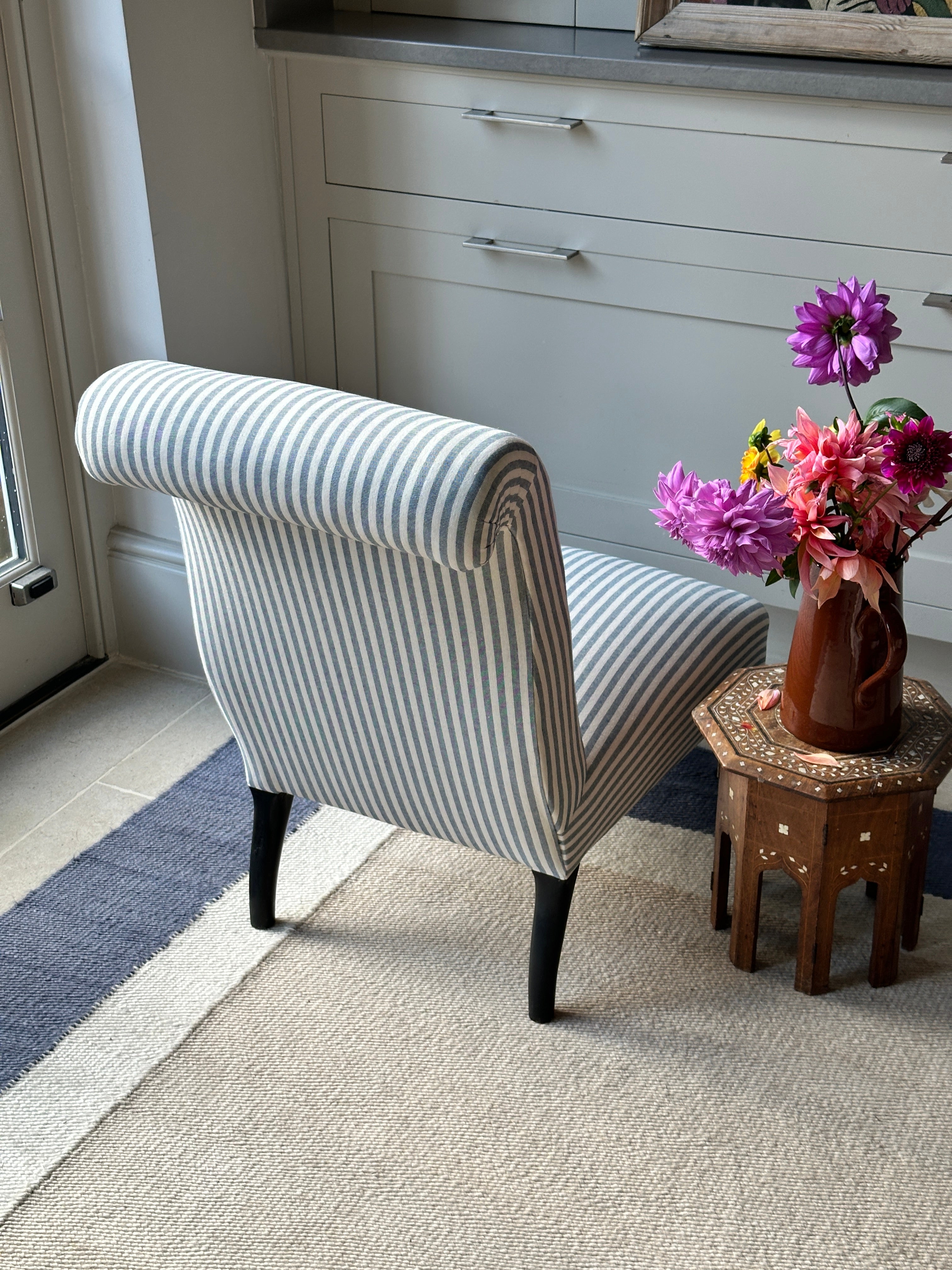 French Scroll back Slipper Chair in Blue & White ticking