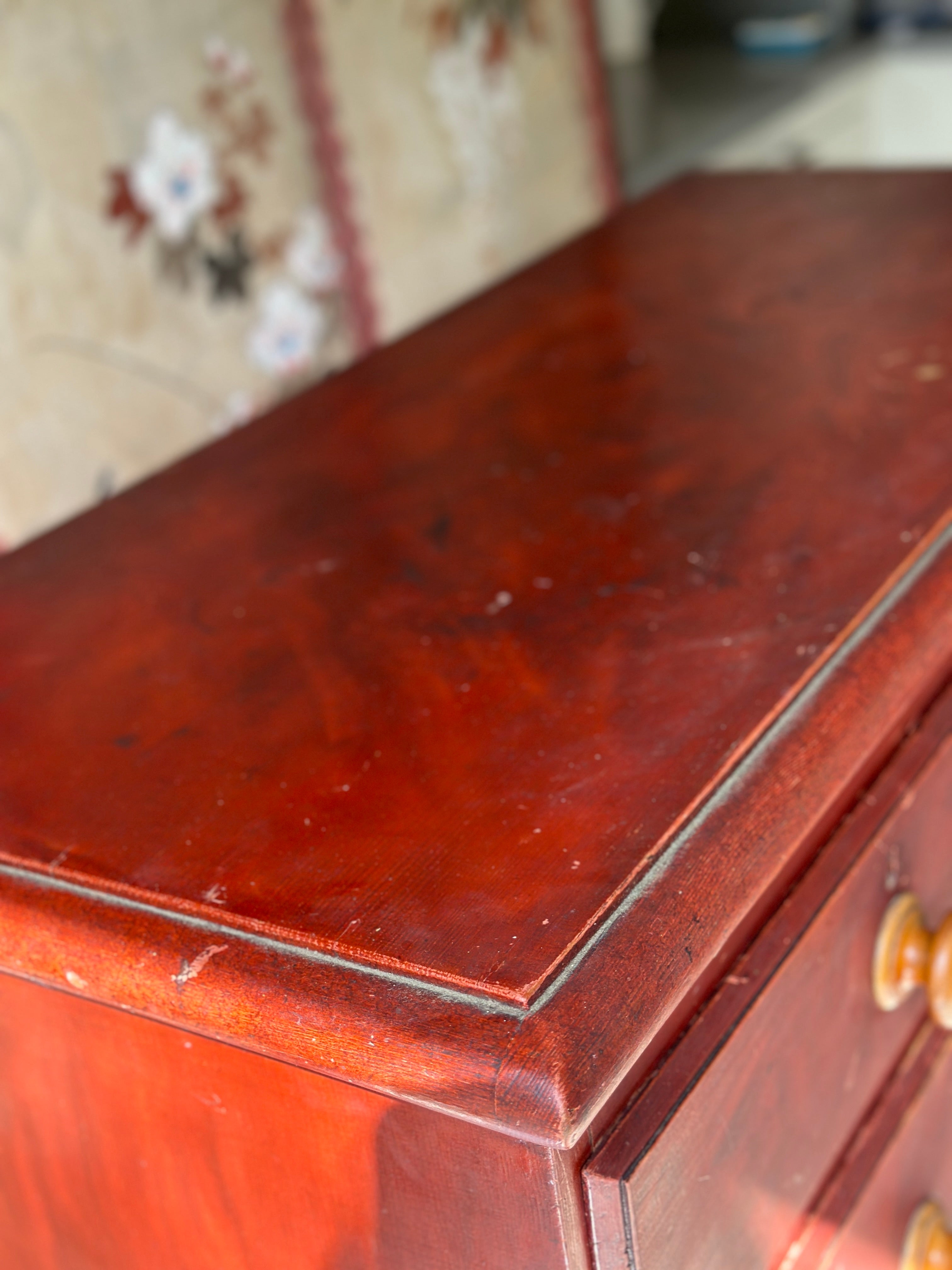 Antique Painted Pine Chest of Drawers in a dark red