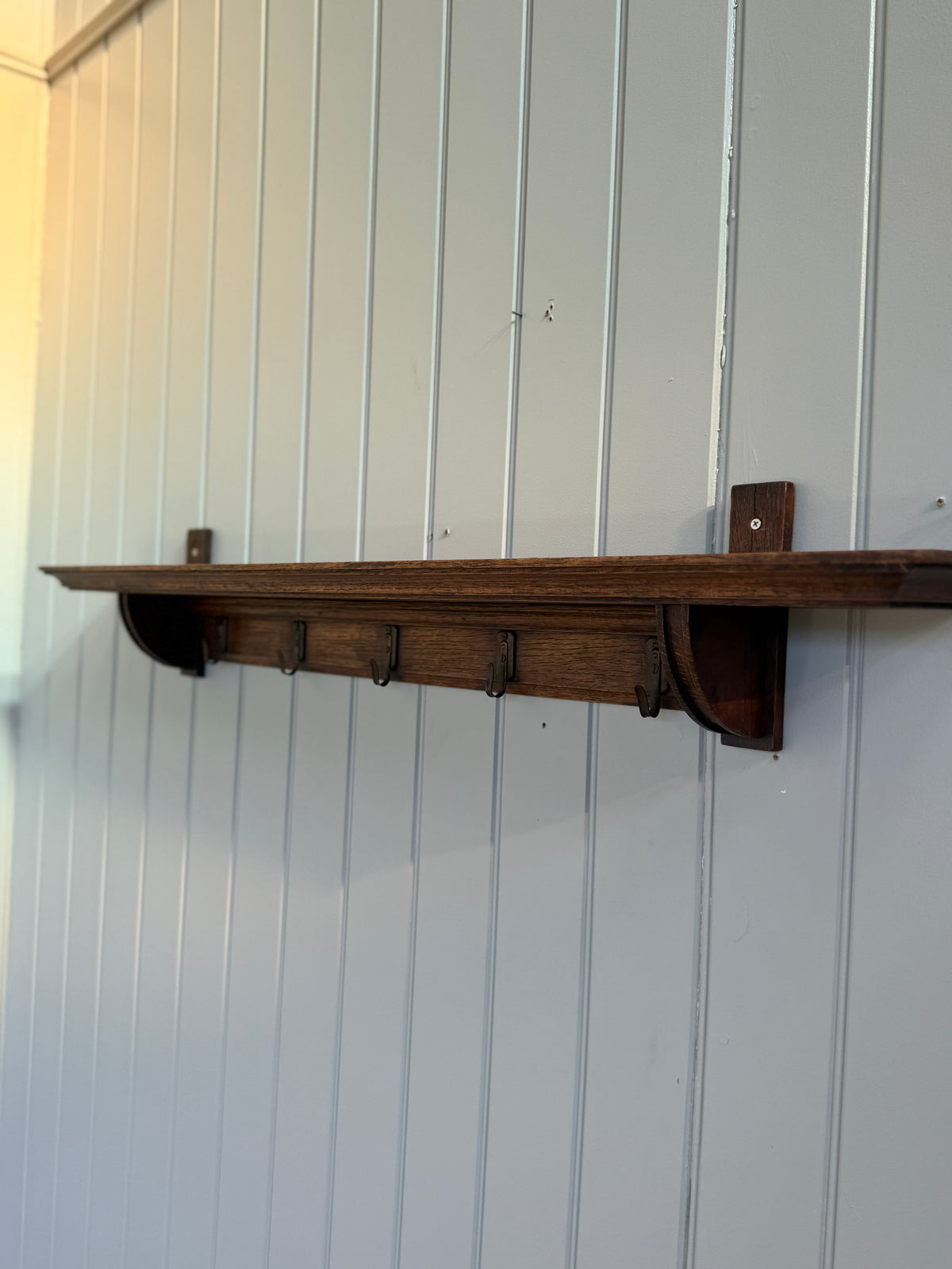 Antique Oak Coat Rack with Shelf and Brass Hooks