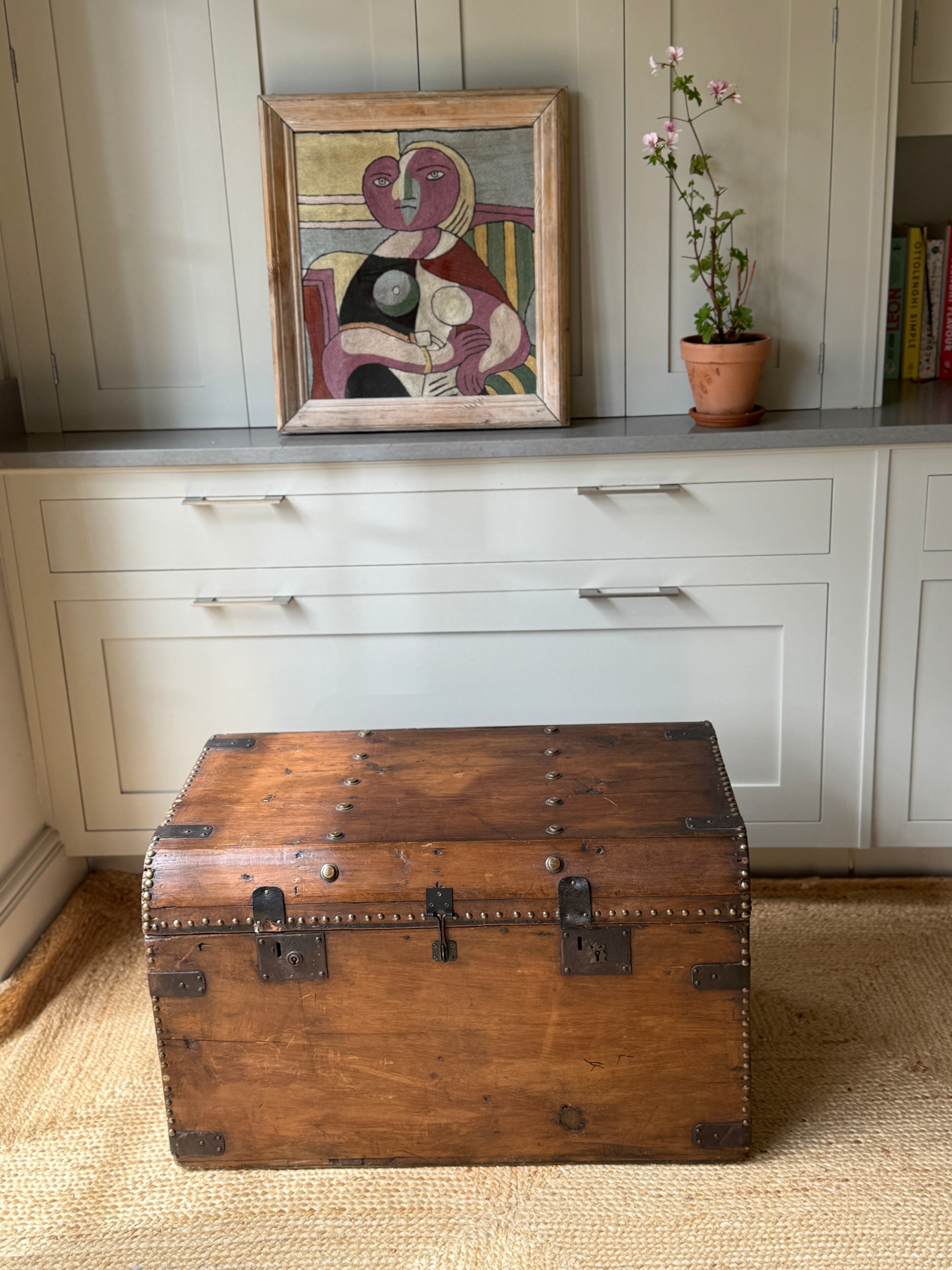 Large Antique Pine Truck with Brass Studs and Rounded Edges