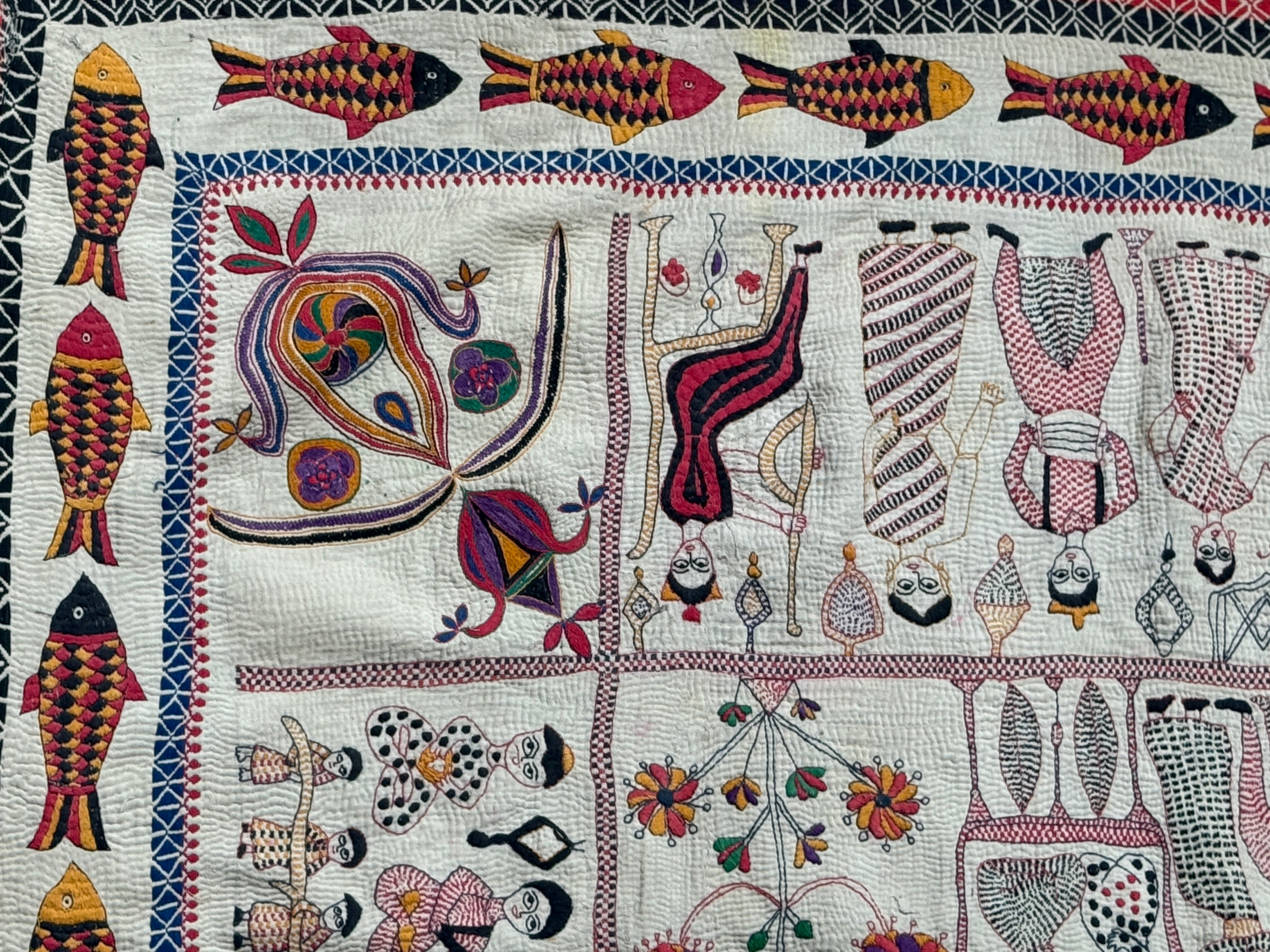 Rare Bengali Nakshi Kantha with Fish Border c late 19th Century