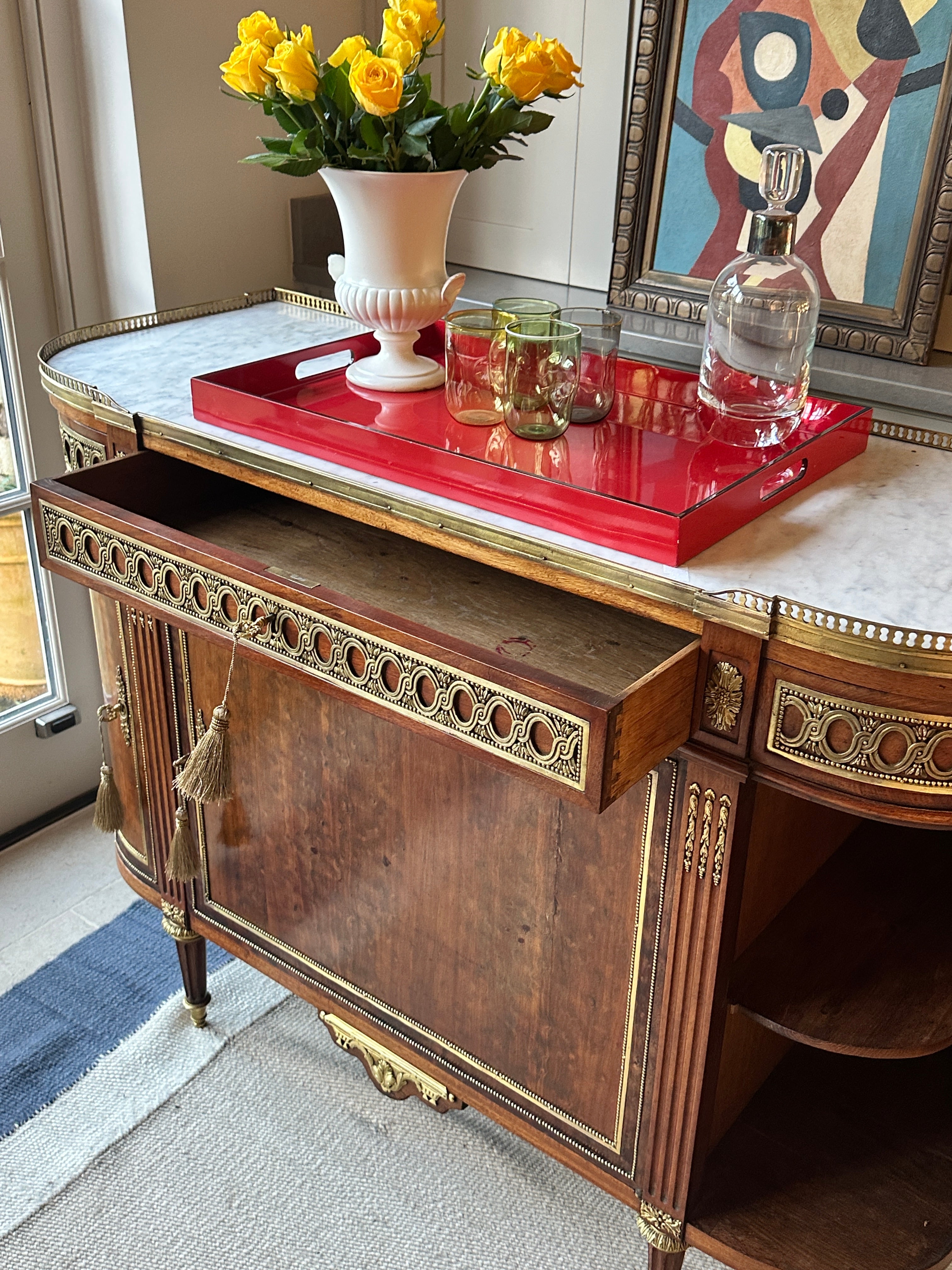 Neoclassical Louis XVI style Mahogany Server with White Marble Top and Brass Gallery