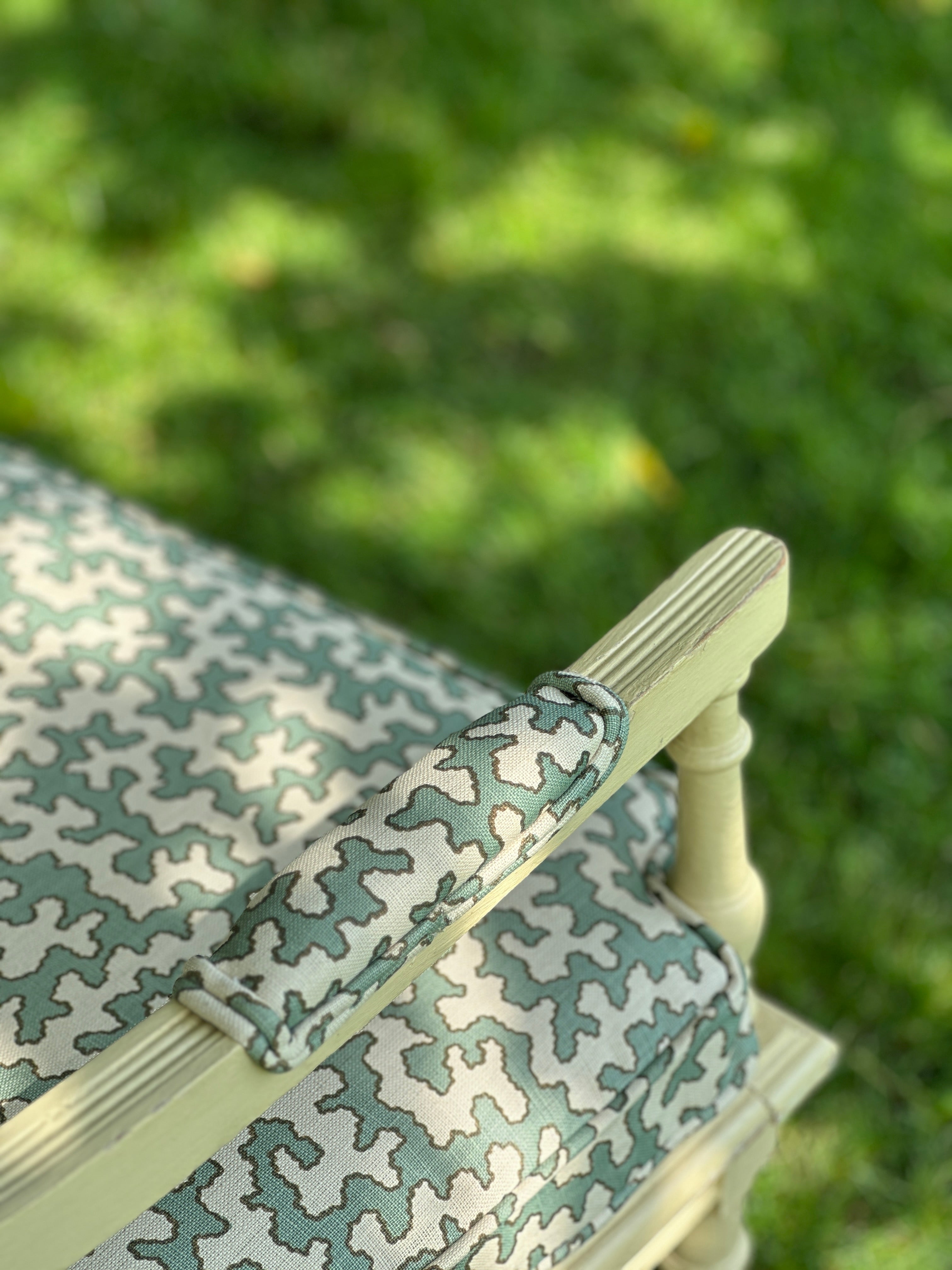 19th Century Cane Bench with Cushion with Colefax & Fowler Squiggle Fabric