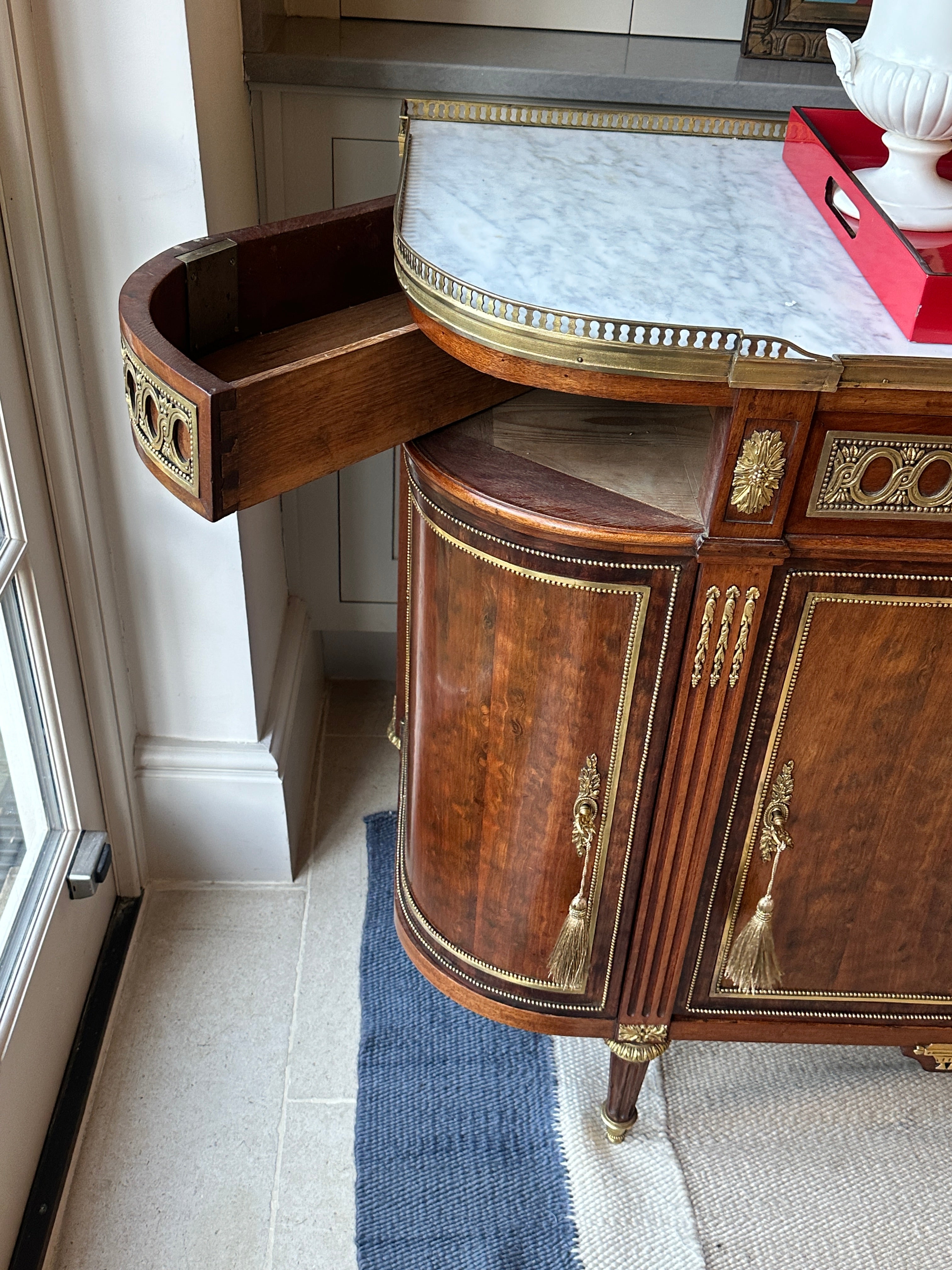 Neoclassical Louis XVI style Mahogany Server with White Marble Top and Brass Gallery