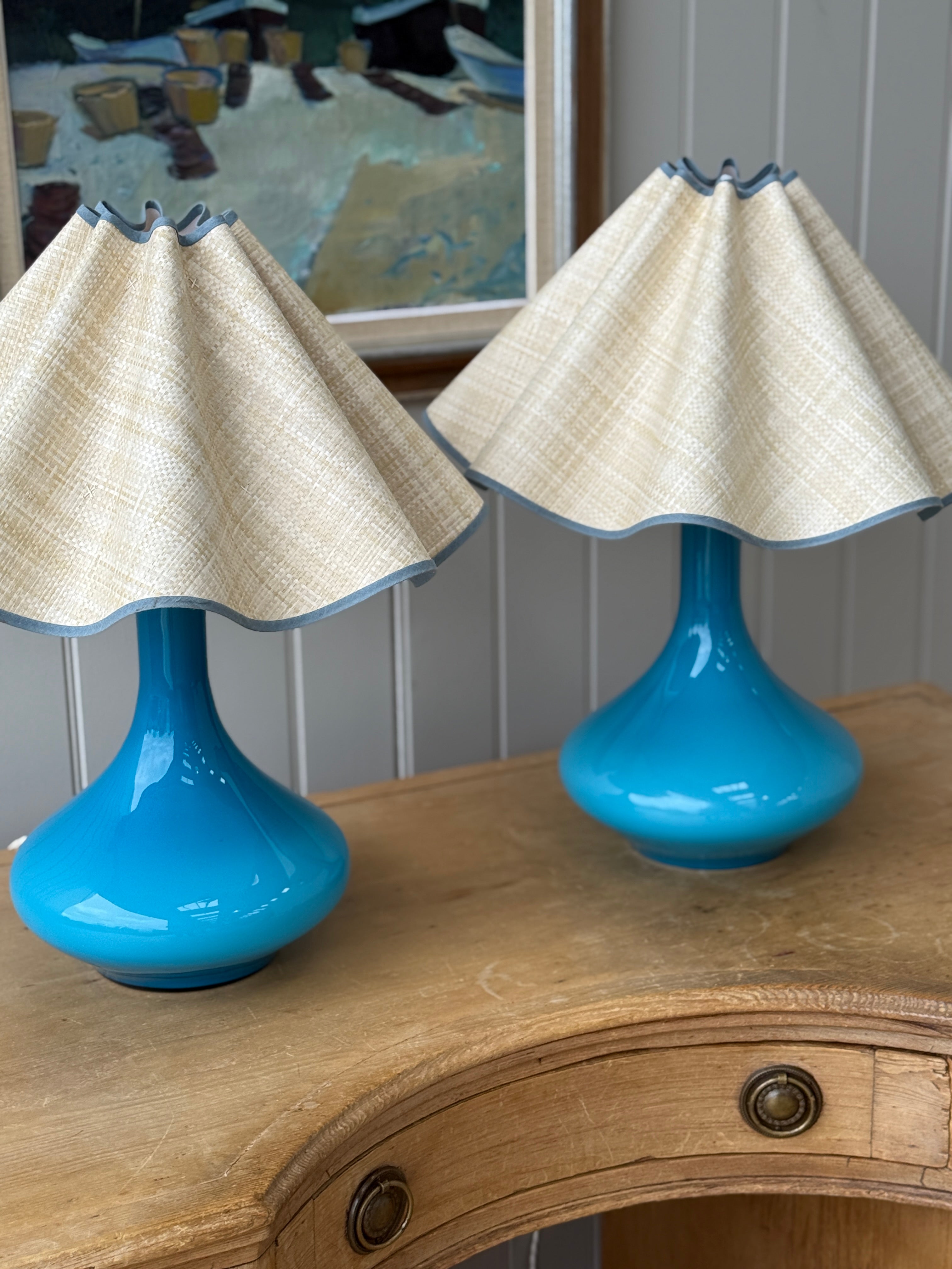 Pair of Large Turquoise Holmegaard lamps by Jacob E Bang