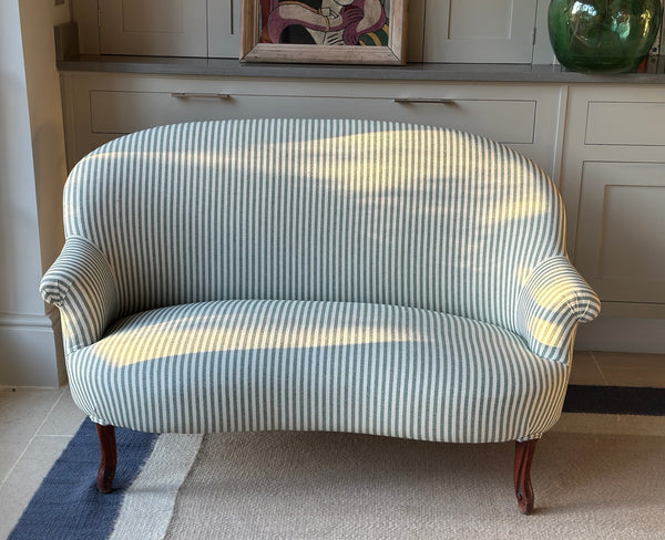 Small French 2 Seat Sofa ‘loveseat’ in green and white ticking