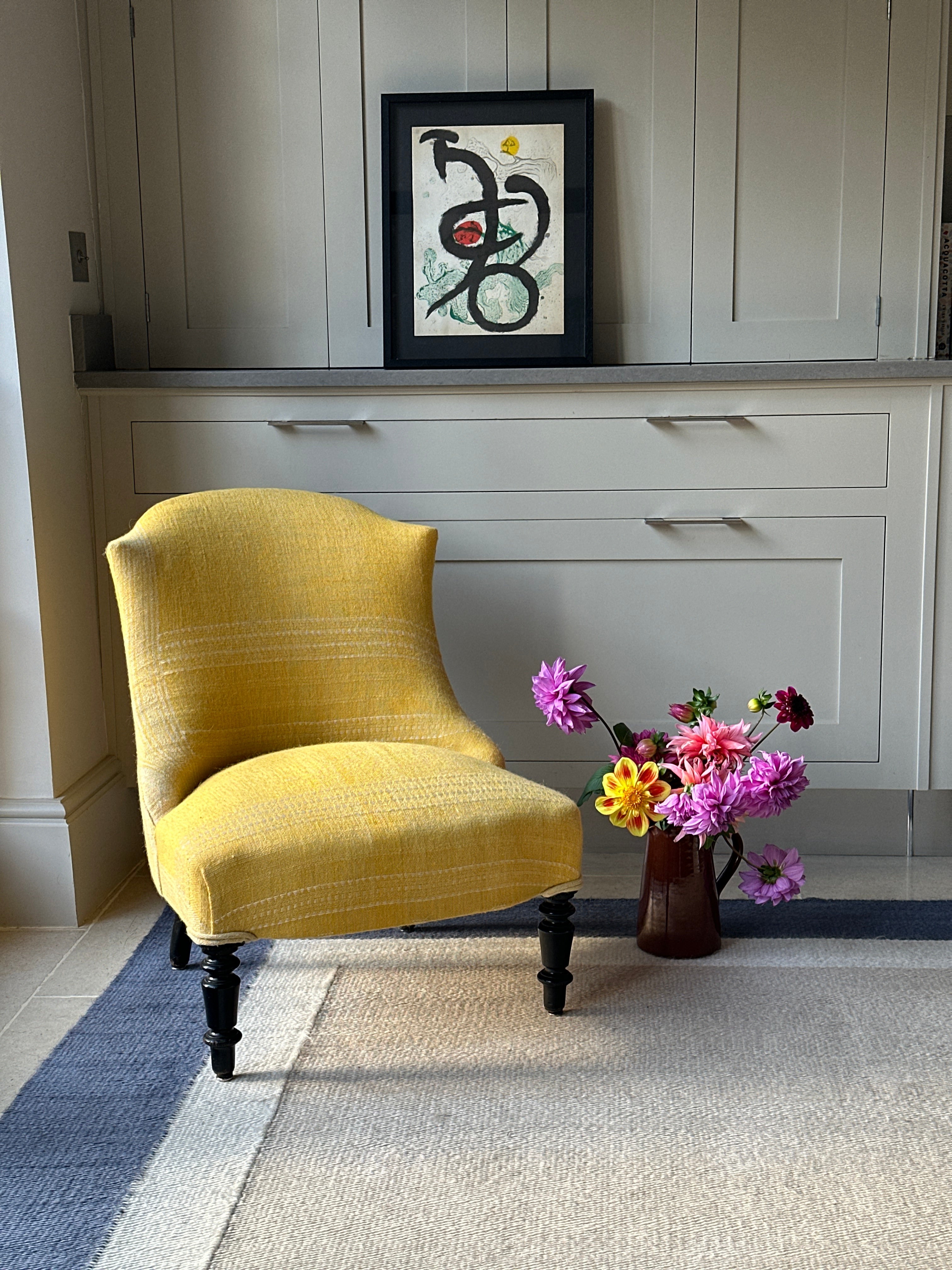 French Slipper Chair in vintage yellow Indian Camel Wool textile