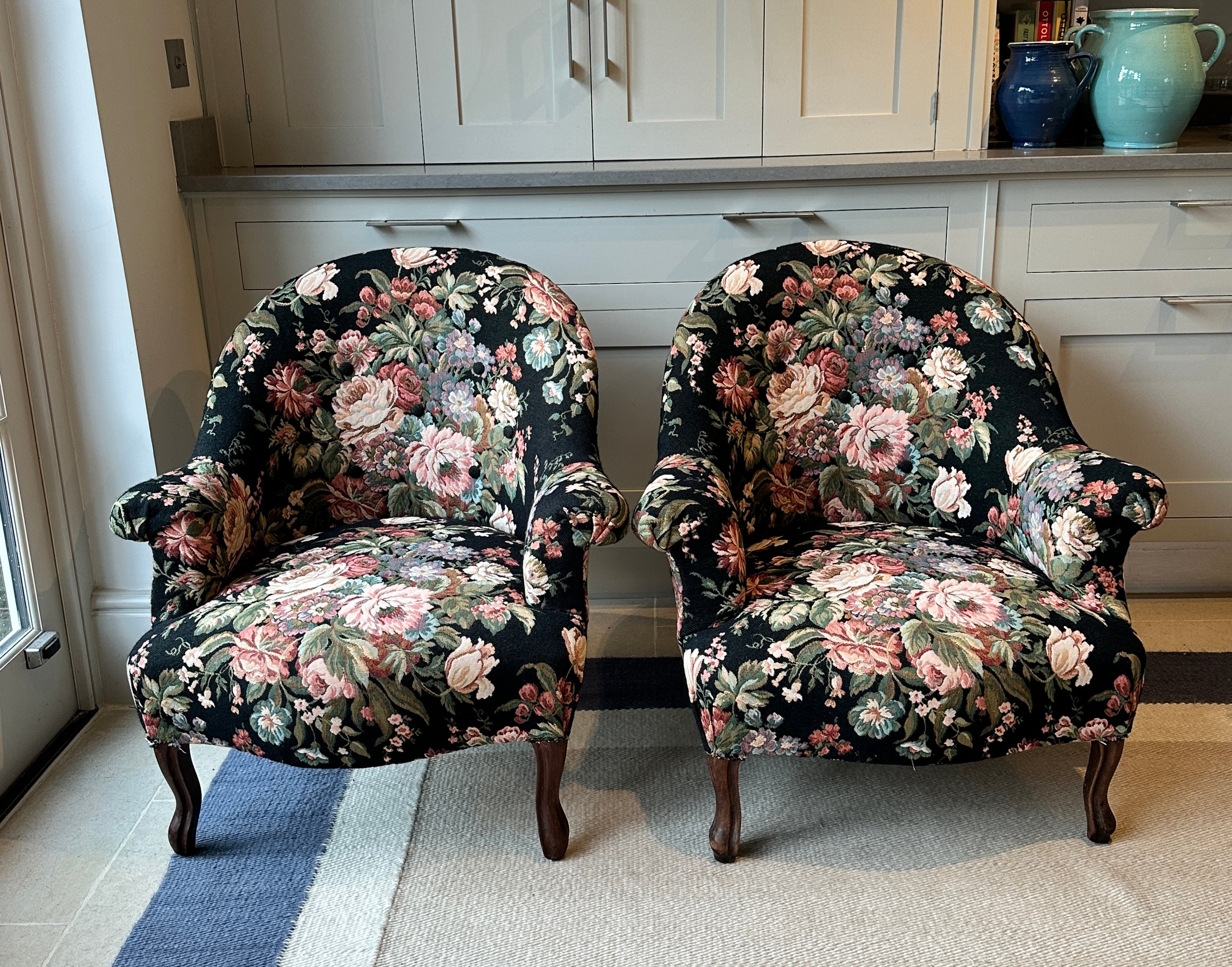 Pair of French 🇫🇷 Tub Chairs with original black floral tapestry fabric.