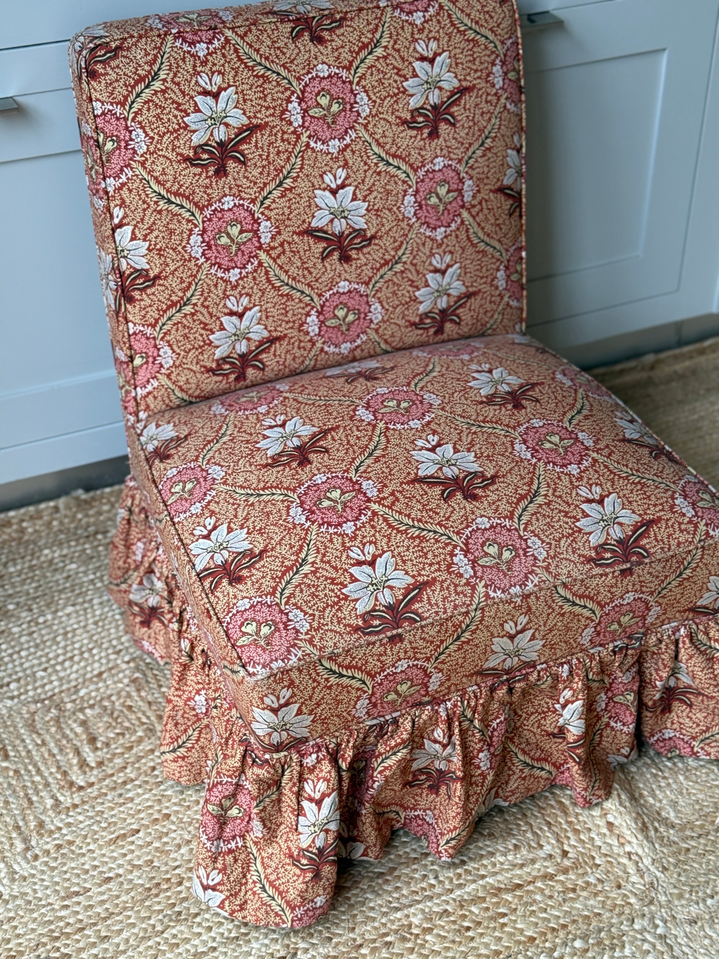 French Antique Slipper Chair with vintage floral fabric