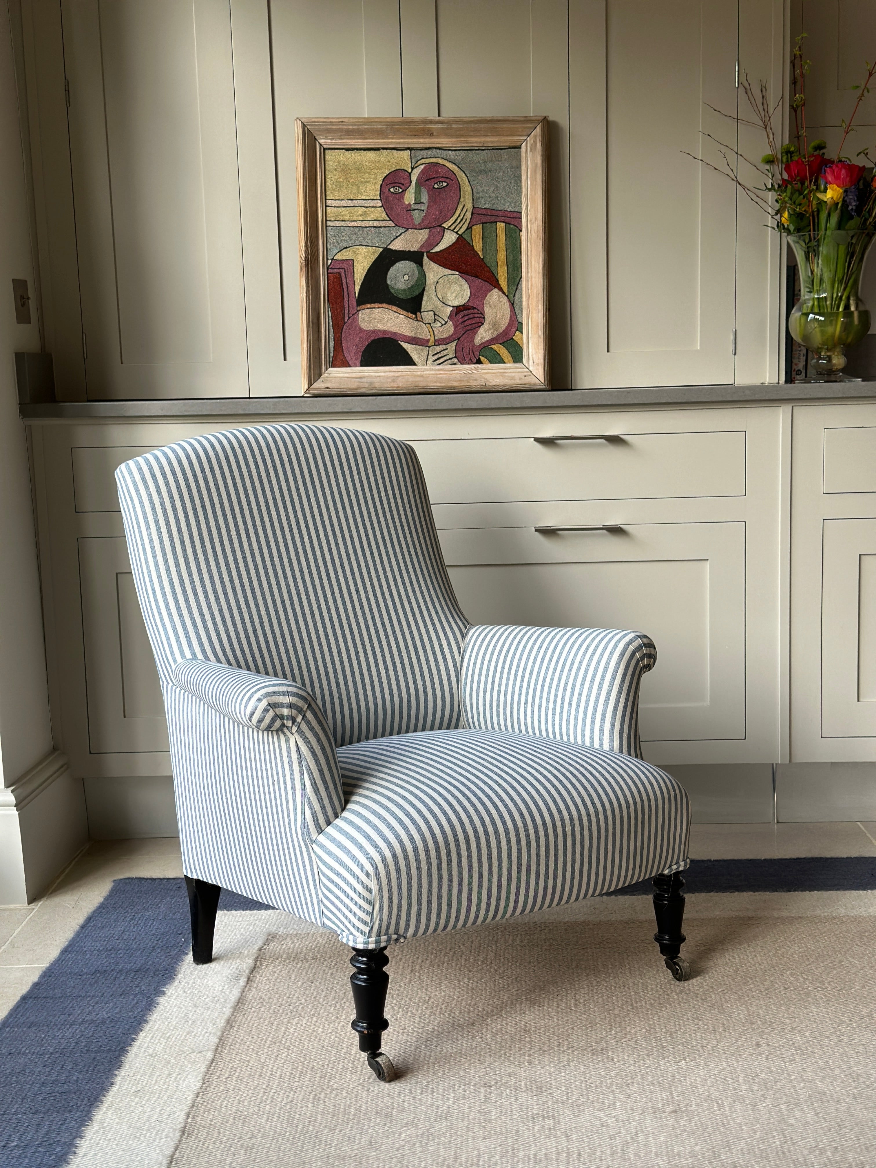 Square back Nap III chair in blue and white ticking