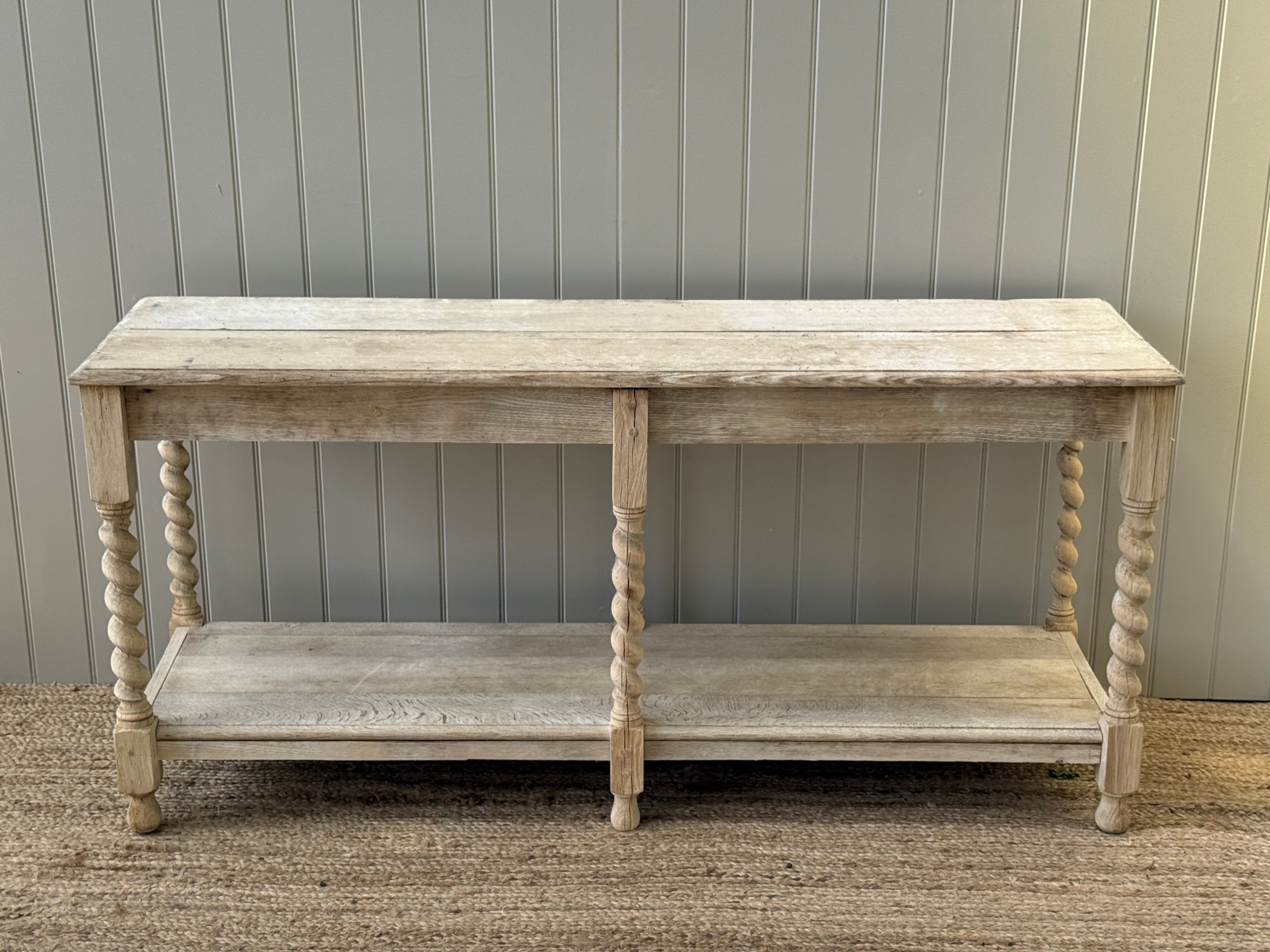 French Bleached Oak Two-Tier Console Table with Barley Twist Supports