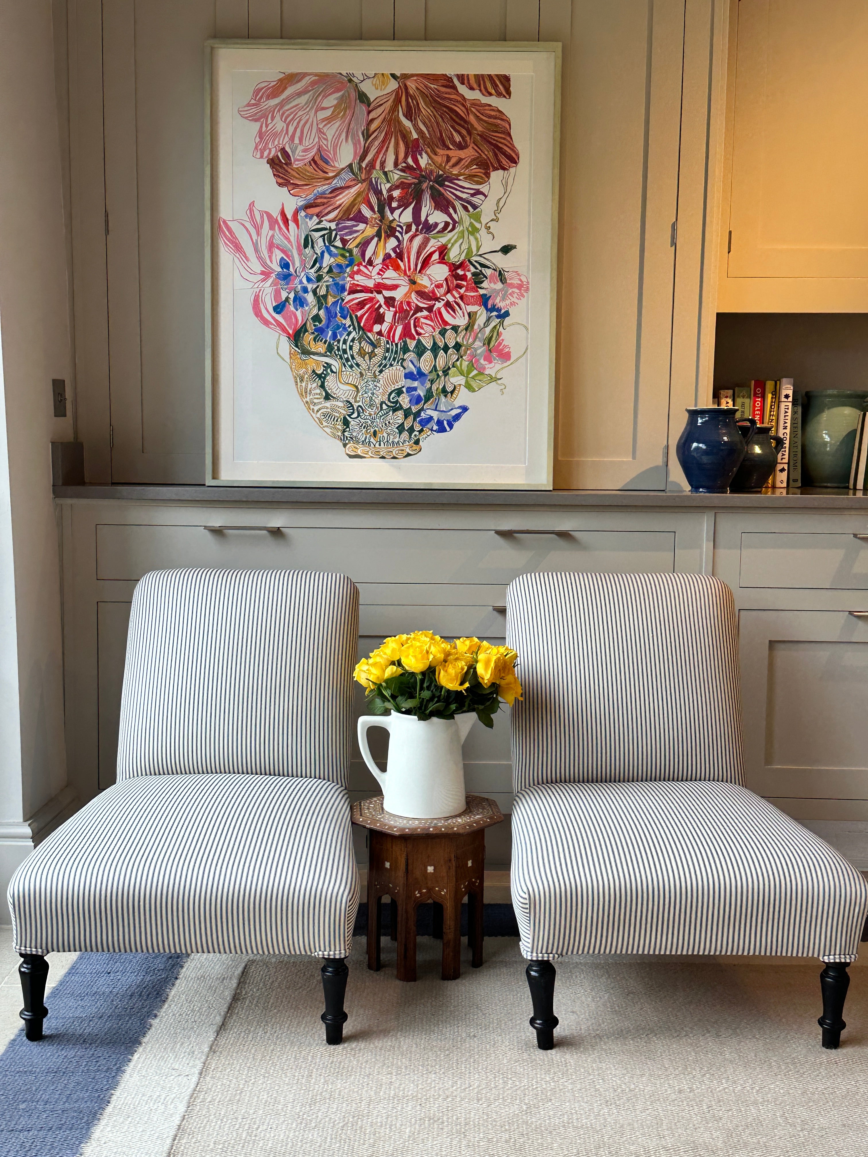 Pair of French 19th Century Slipper chairs in modern blue ticking