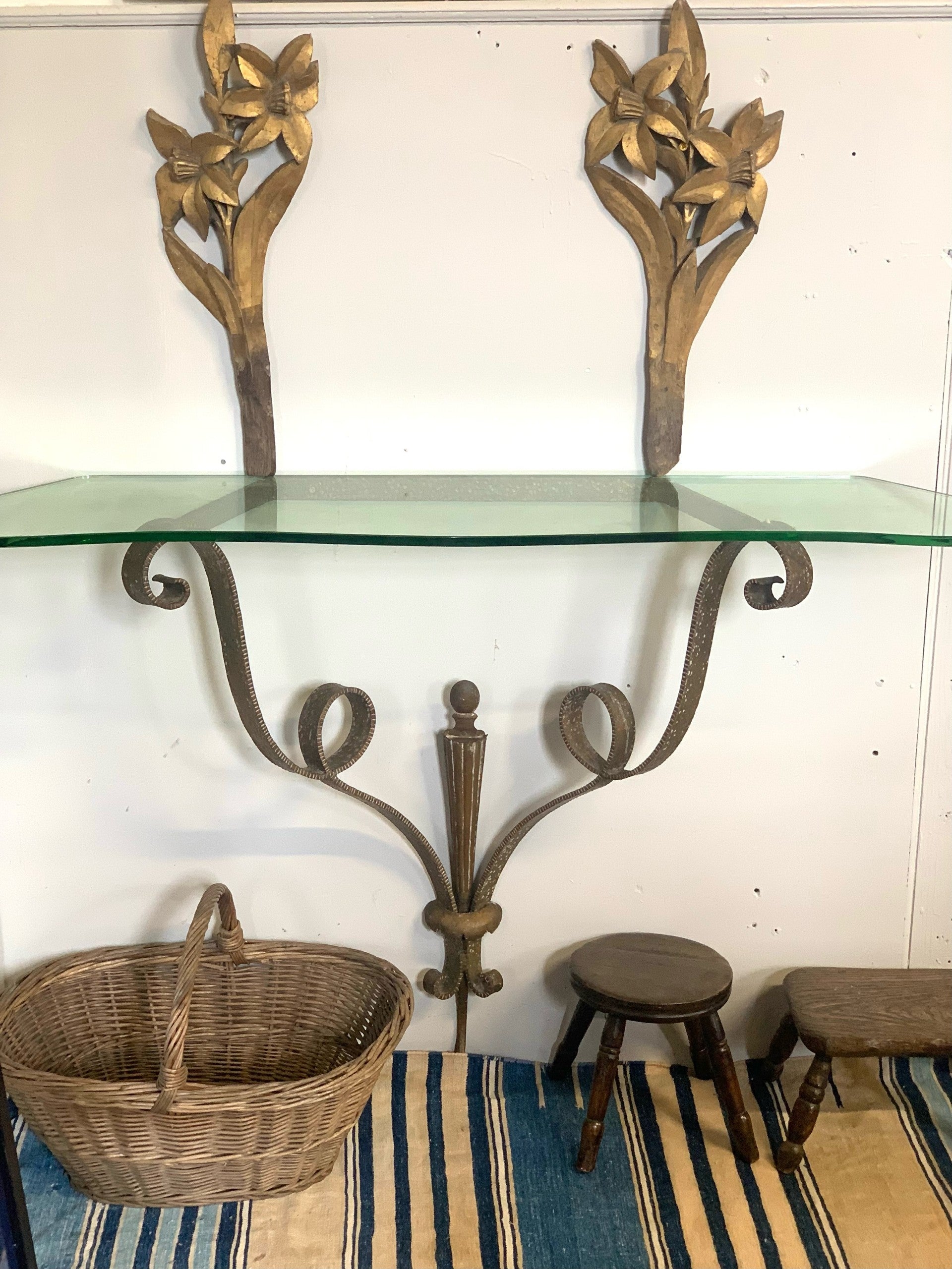 Italian Hammered Gilt Metal Console Table with Glass Top