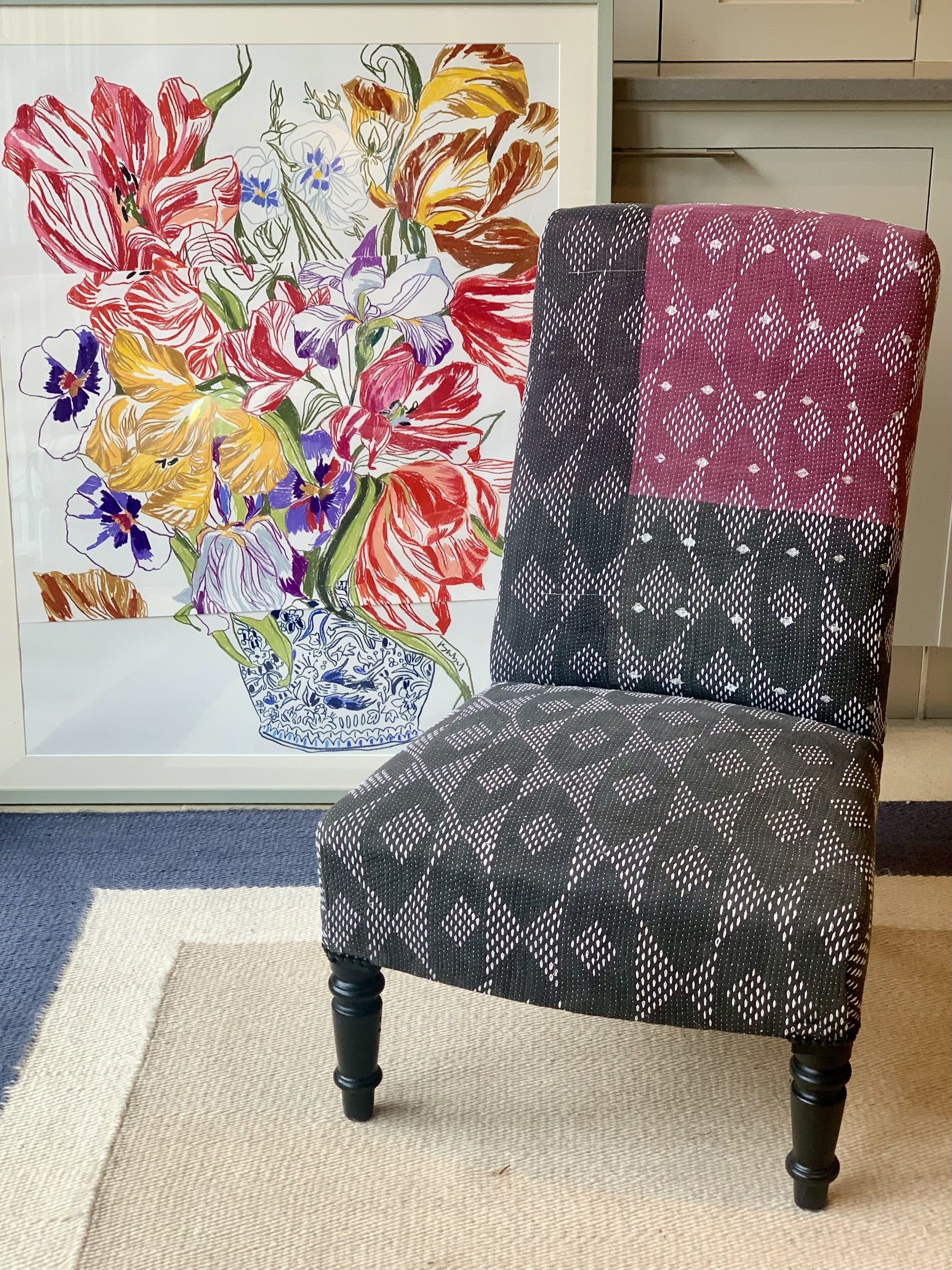 Single French Slipper Chair Reupholstered in a Vintage Purple  and Black Kantha