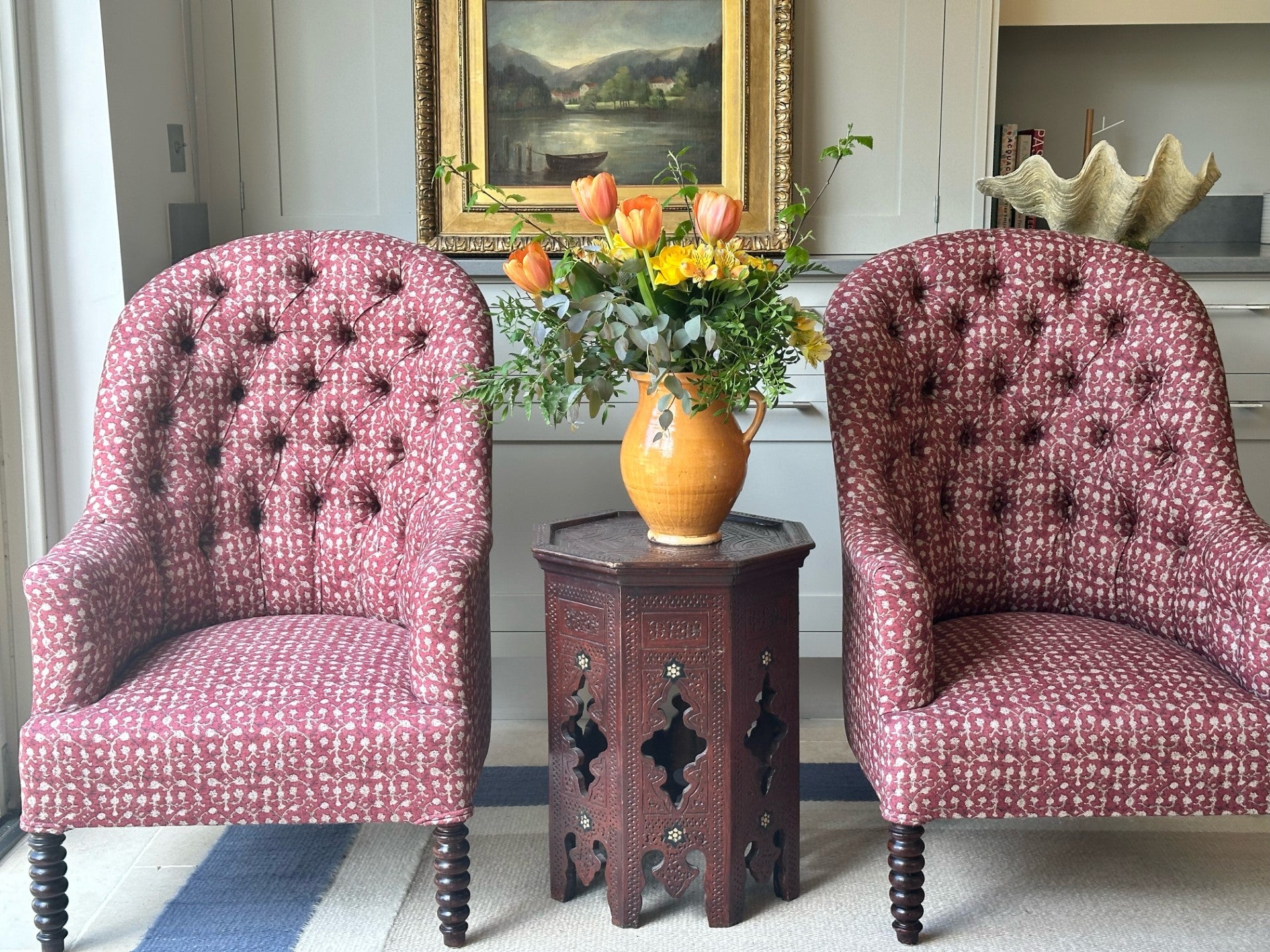 Amazing French Button Back Armchairs with Bobbin Turned Mahogany Feet and Upholstered in Robert Kime Ume Red