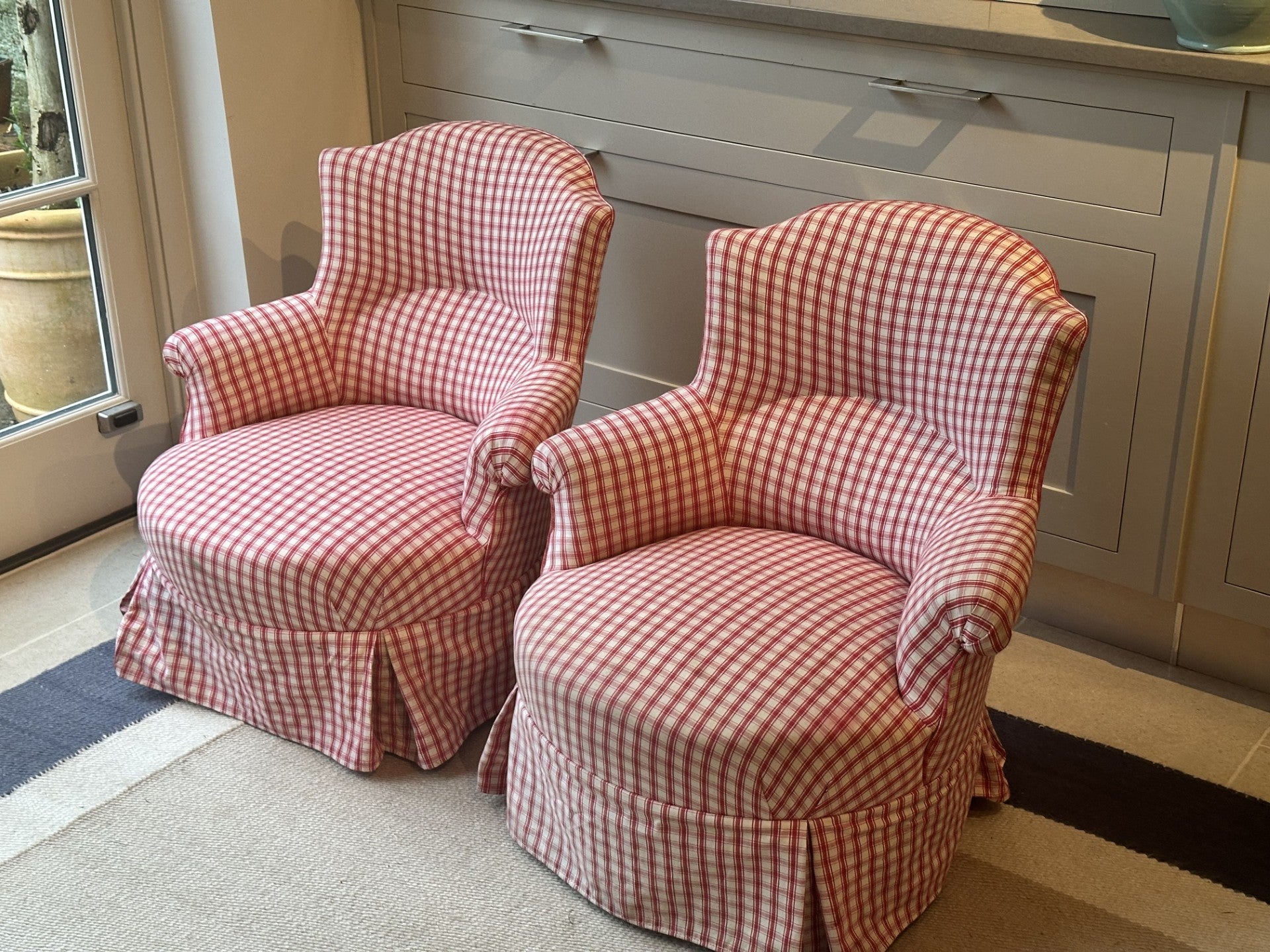 Pair of Small Crapaud Tub Chairs in Red Gingham