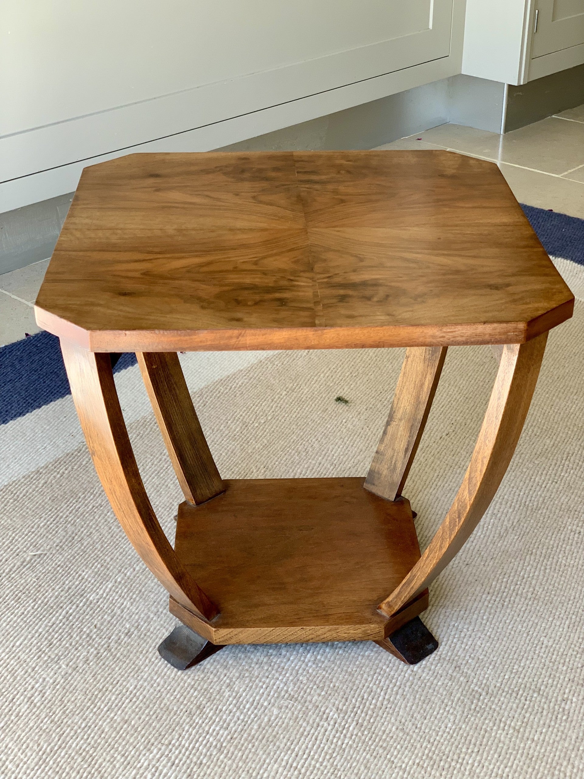 Walnut 2 Tier Table with Bow Stretcher Legs - British 1930s