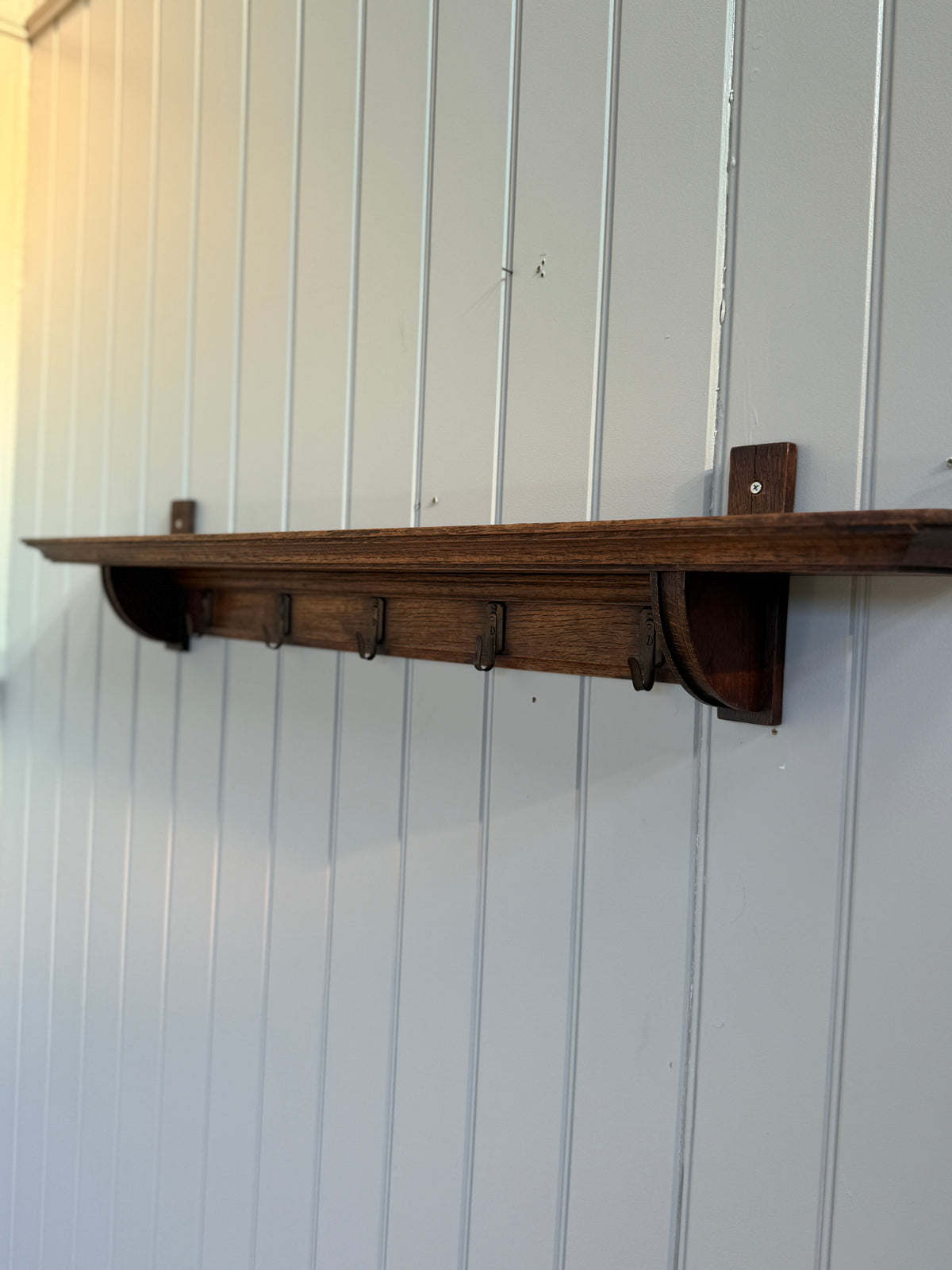 Antique Oak Coat Rack with Shelf and Brass Hooks